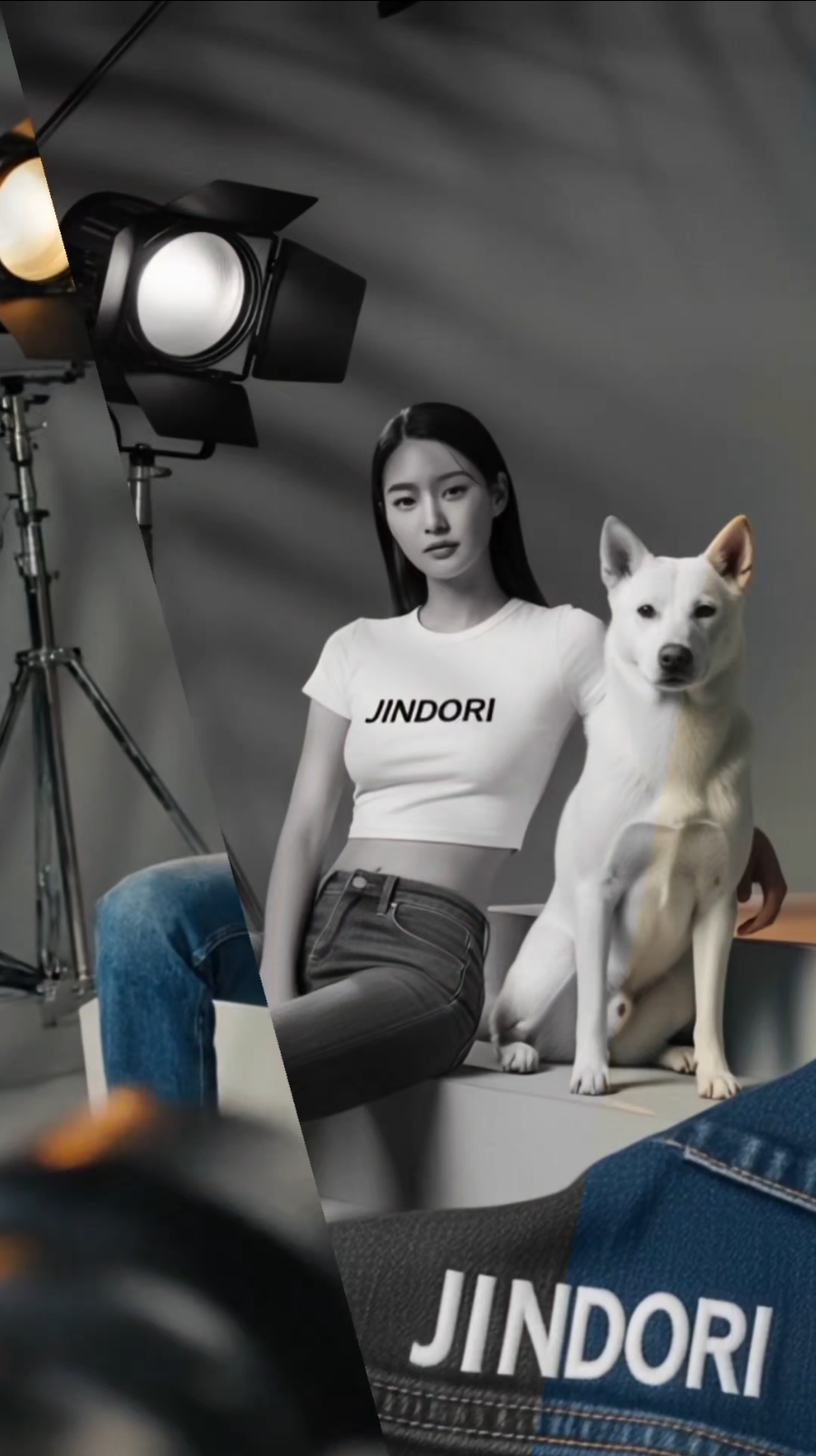 흑백 사진 속 여성과 흰색 강아지가 포즈를 취하고 있으며, 촬영 조명과 스튜디오 배경이 있는 사진 촬영 세팅.