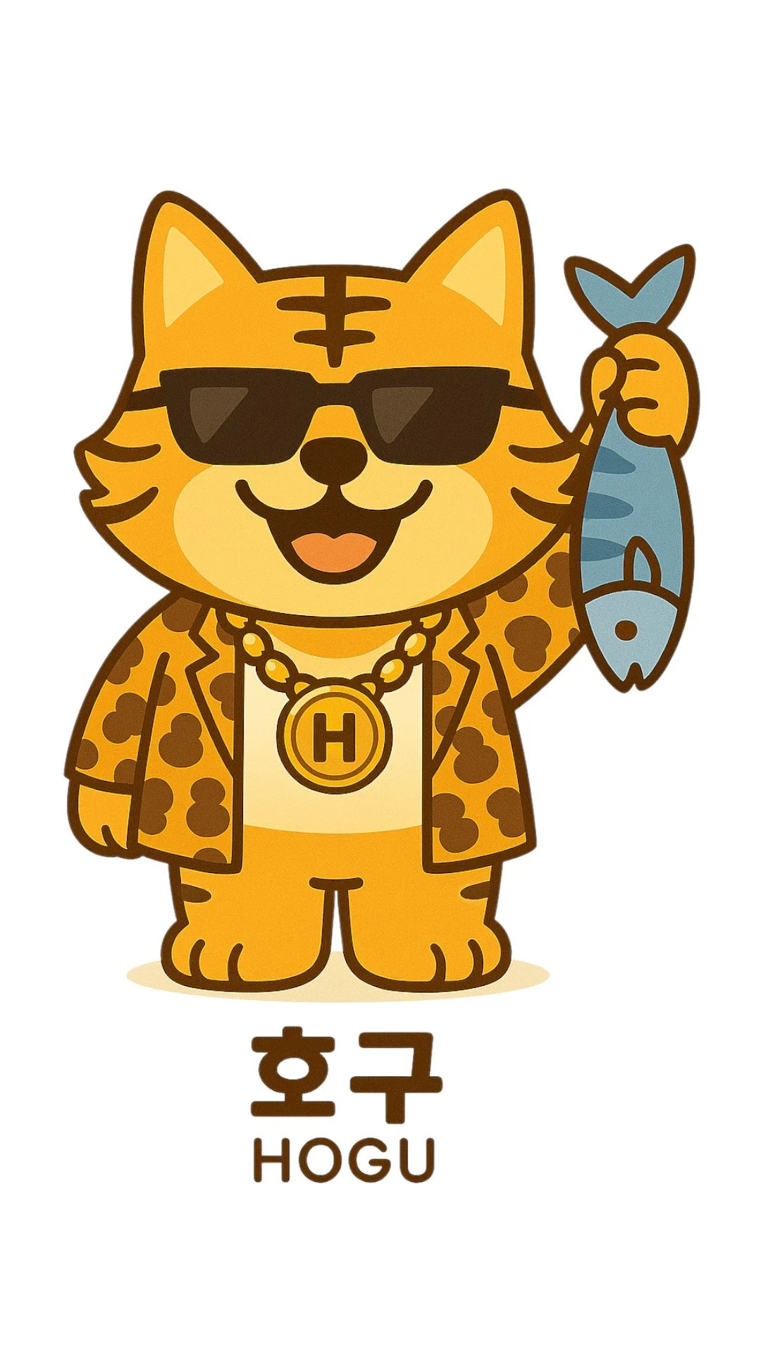 선글라스를 쓰고 하트 모양의 수트를 입은 호구 캐릭터가 물고기를 들고 있으며, 목걸이에 'H'가 써진 금색 패널이 달린 액세서리를 착용하고 있다. 아래에 '호구 HOGU'라는 한글과 영어 텍스트가 있다.