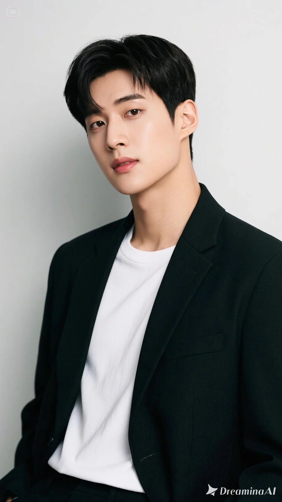 흰색 배경에 검정 재킷과 흰 티셔츠를 입은 젊은 남성의 초상 사진