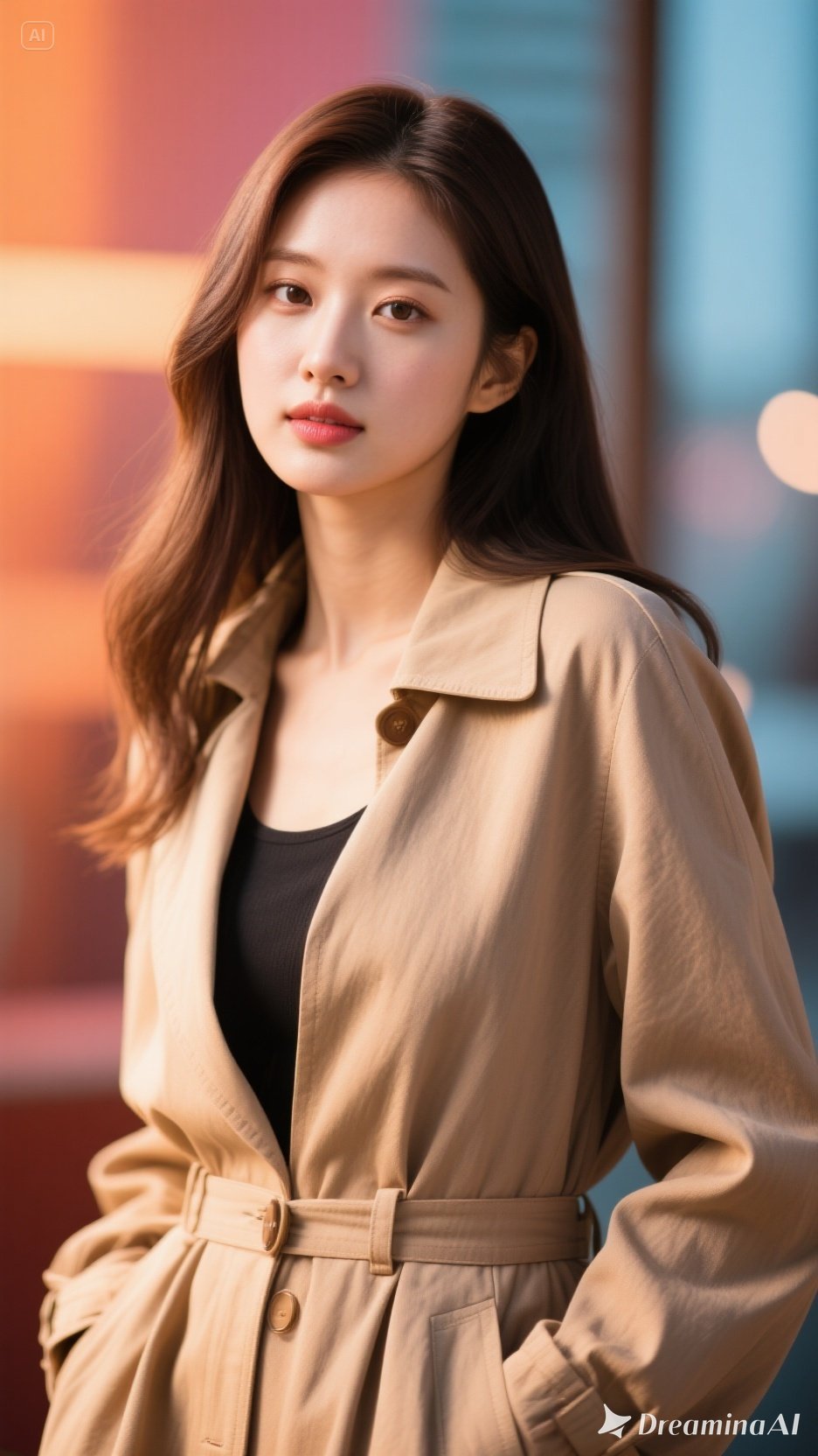 베이지색 트렌치코트를 입고 검은 셔츠를 입은 여성의 초상 사진, 배경은 흐릿함.