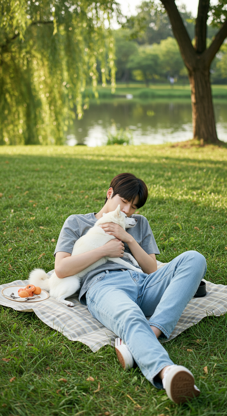 공원에서 휴식을 취하는 young 남성, 강아지를 안고 있고, 강아지가 그를 핥고 있으며, 잔디밭, 나무, 강이 보인다.