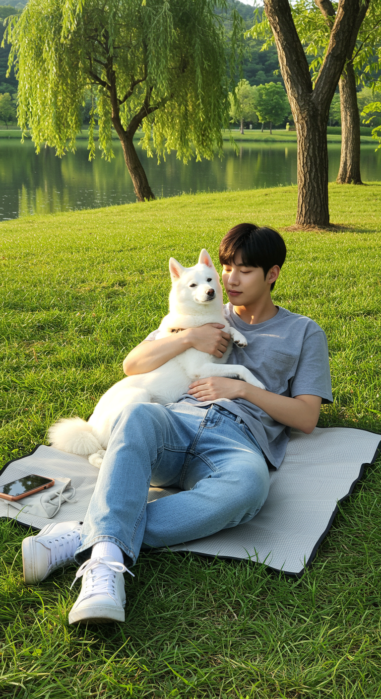 공원 잔디밭에 누워있는 남성과 하얀 강아지, 주변에 나무와 호수가 있고 맑은 하늘이 펼쳐진 풍경.