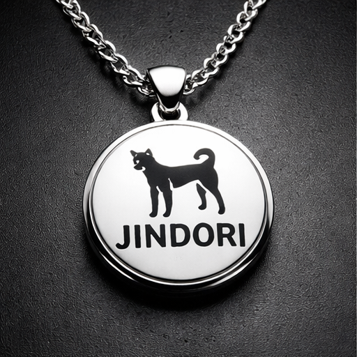 검은 배경 위에 체인 목걸이에 달린 원형 펜던트. 펜던트에는 검은 고양이 실루엣과 'JINDORI'라는 글자가 적혀 있음.
