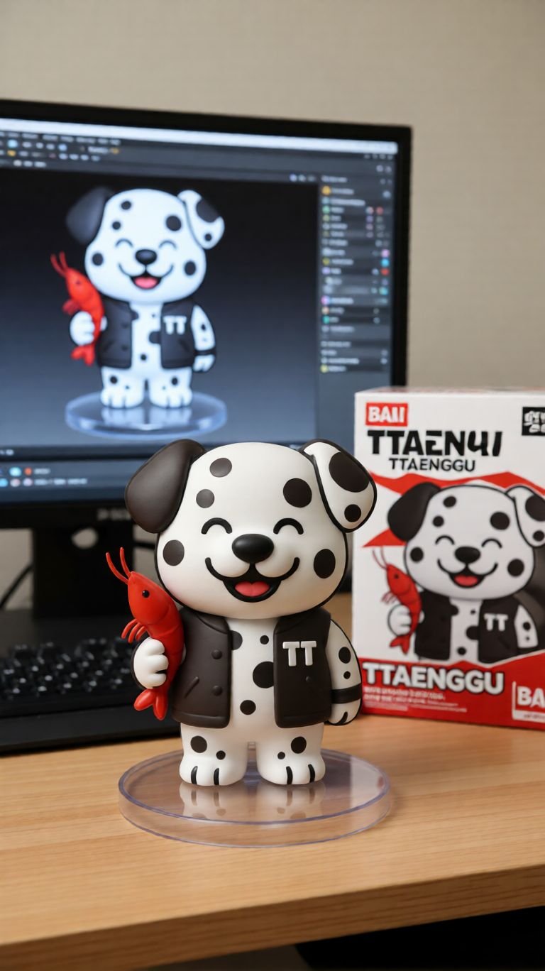 장난감 강아지 인형이 웃으며 빨간 생선을 들고 있으며, 배경에는 컴퓨터 모니터와 박스가 있다.