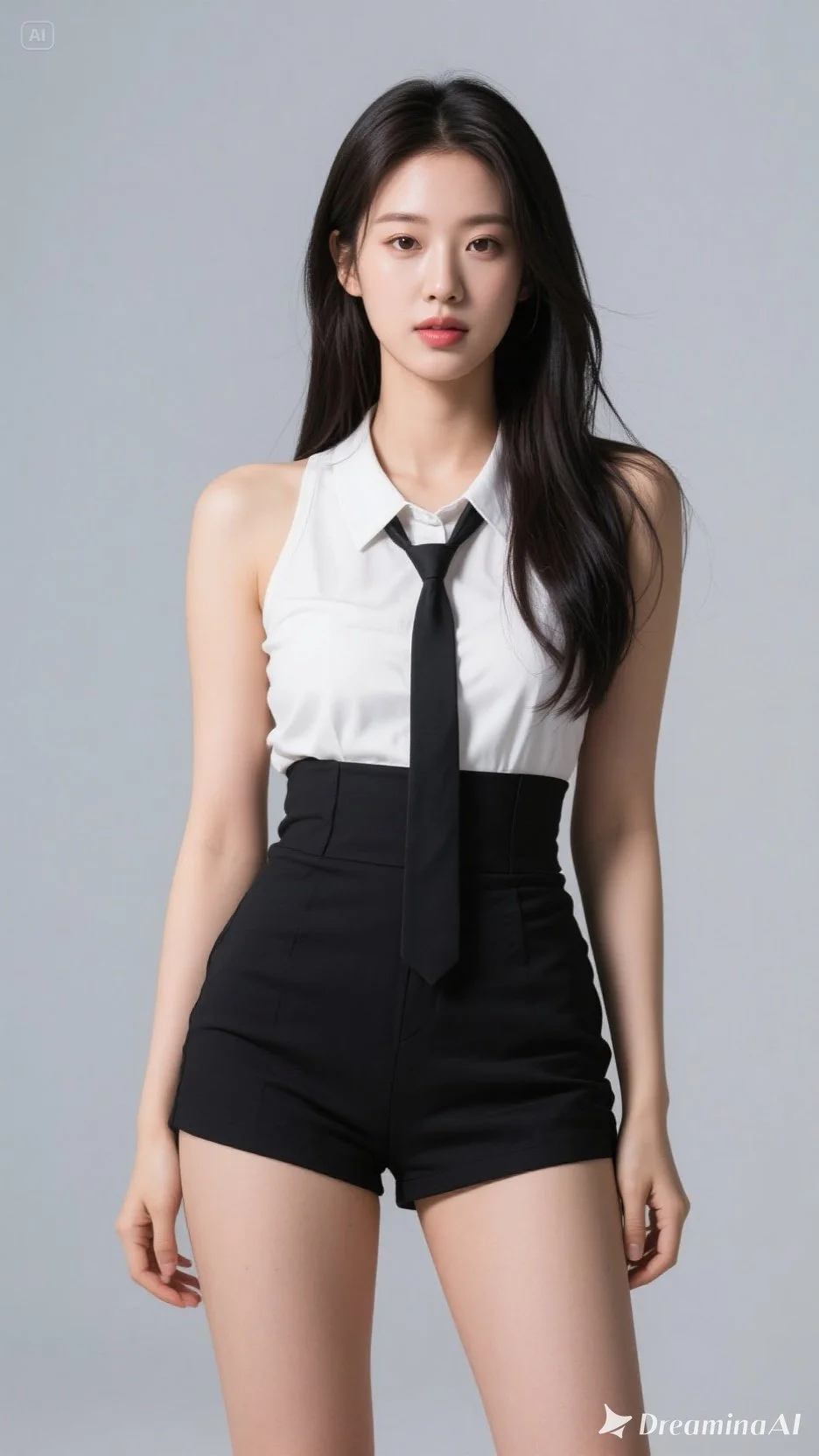 흰 셔츠와 검은 하이웨이스트 반바지를 입은 여성 모델이 포즈를 취하고 있음.
