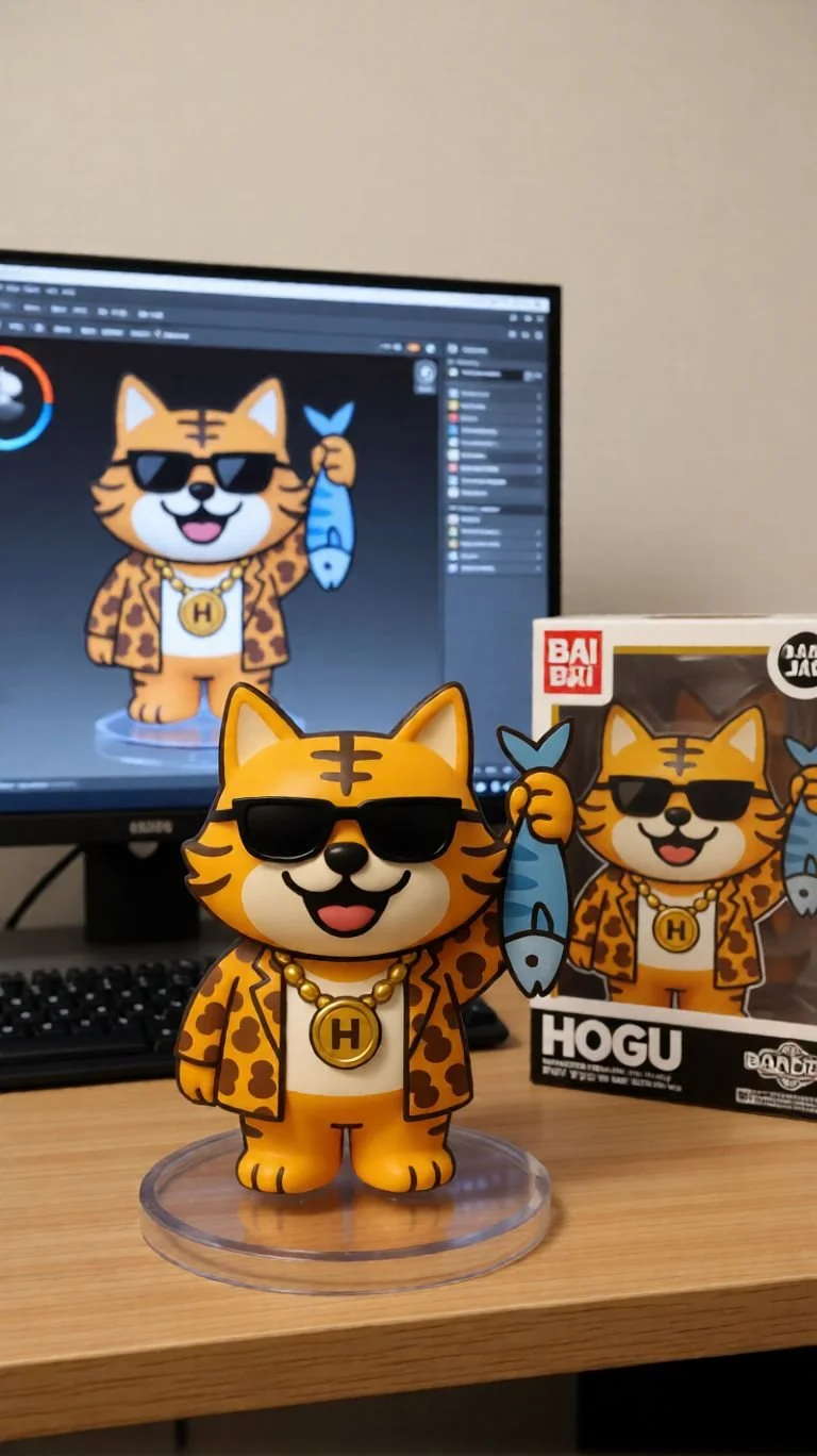 햄스터 모양의 피규어로, 선글라스를 쓰고 호리병 목걸이와 가죽 자켓을 입고 있으며, 파란색 물고기를 들고 있다.