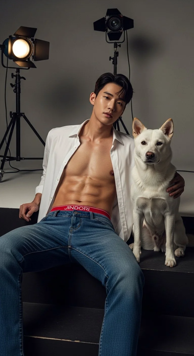 흰 셔츠를 벗고 복근을 보여주는 남성과 흰색 강아지가 함께 있는 사진, 배경에 조명 장비가 있음