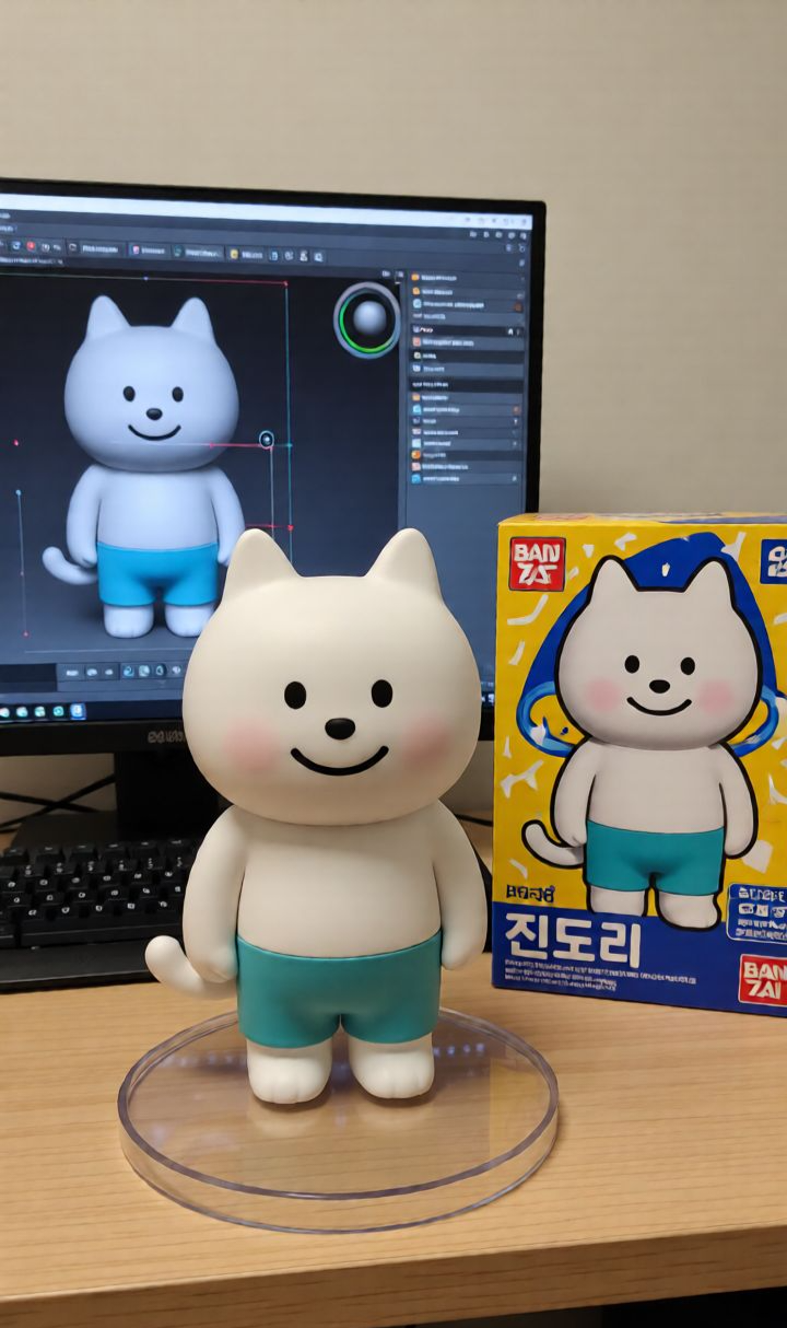 하얀 강아지 모양인 인형 인형이 벽돌 배경 앞 책상 위에 서 있고, 그 옆에는 같은 캐릭터의 포장 박스가 있다. 책상 위에 있는 인형과 디지털 작업용 컴퓨터와 키보드가 보인다.