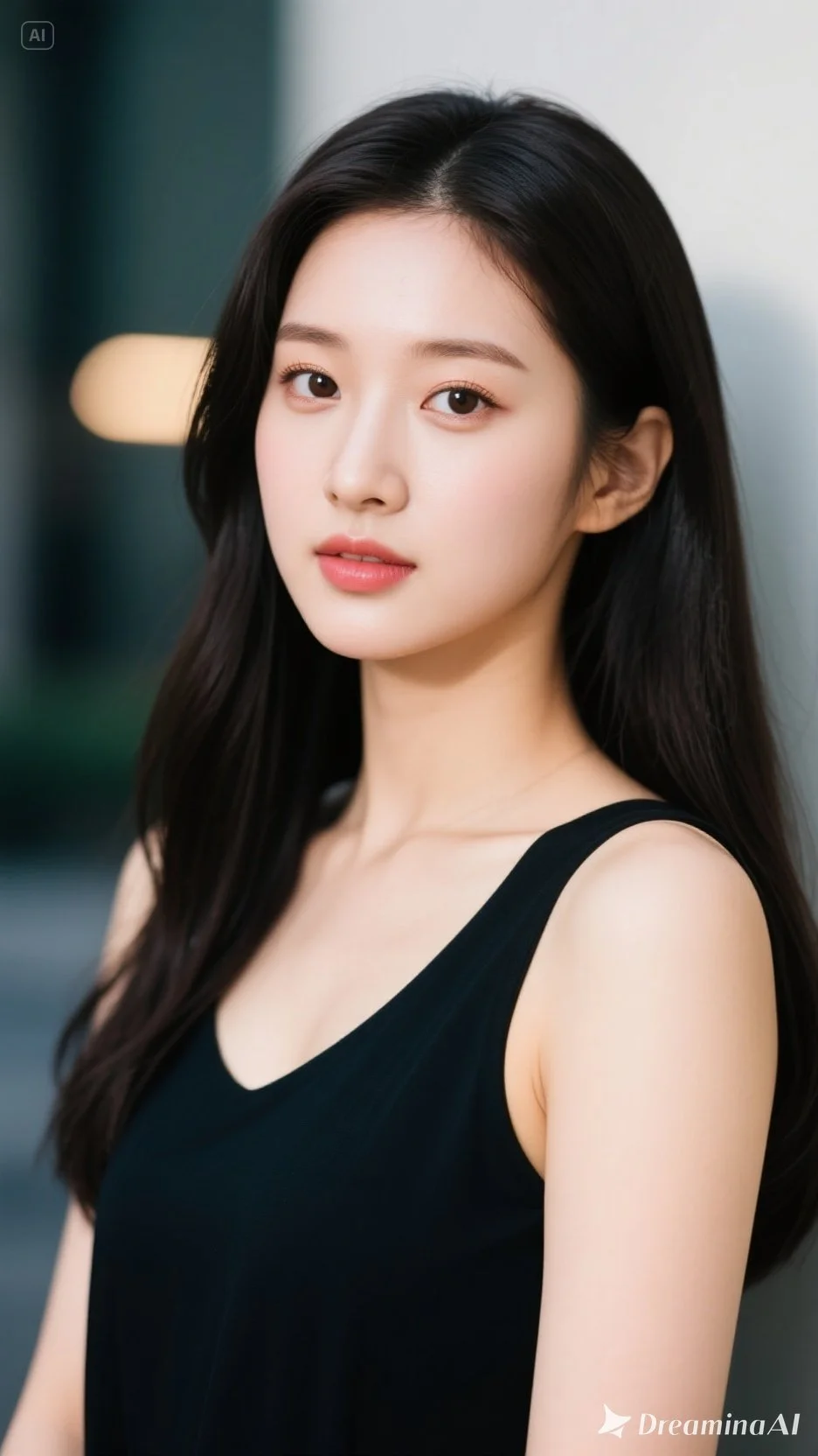 검은 색 민소매 옷을 입은 여성의 초상화