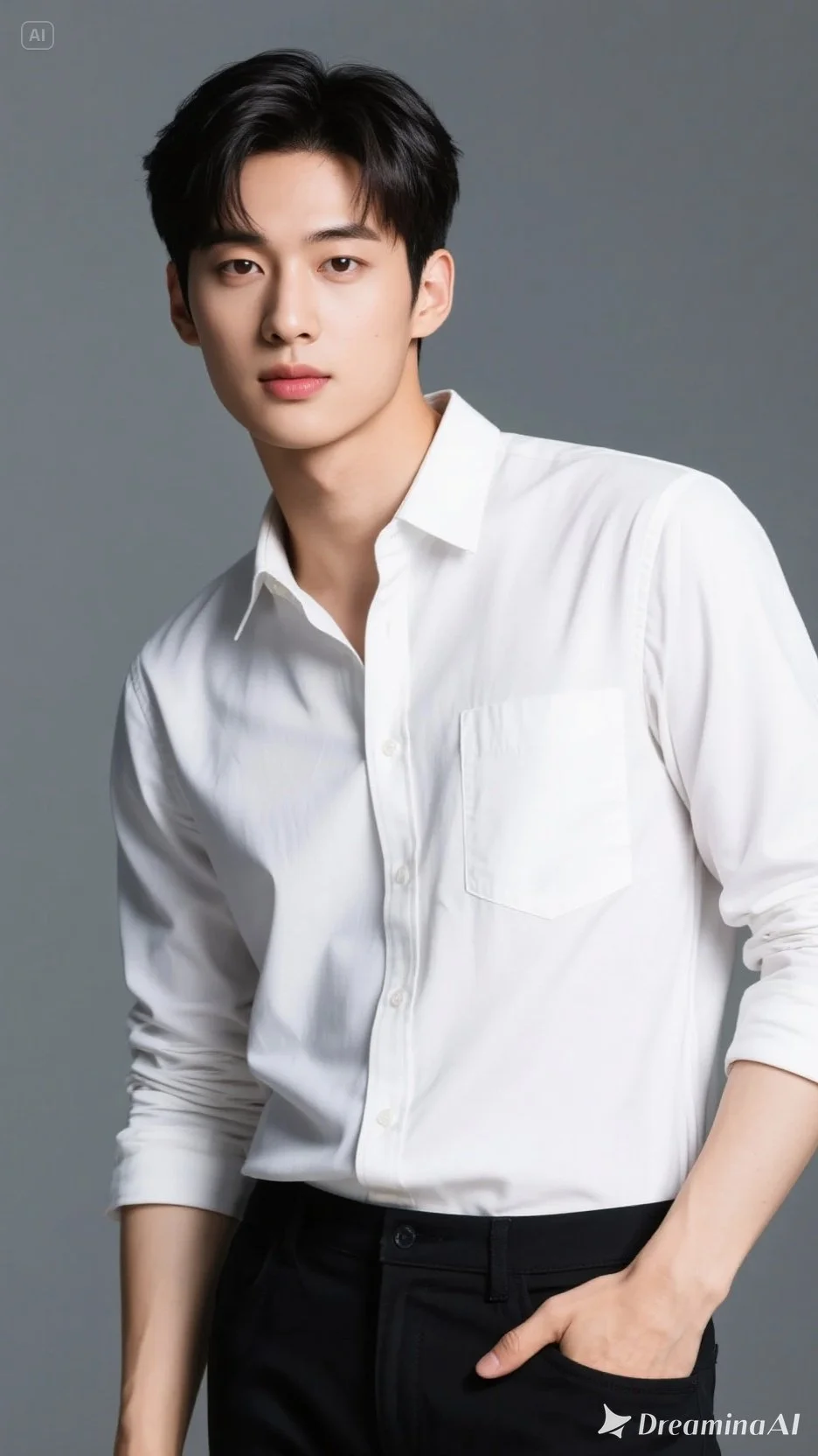 흰 셔츠를 입은 젊은 남성의 정면 사진.