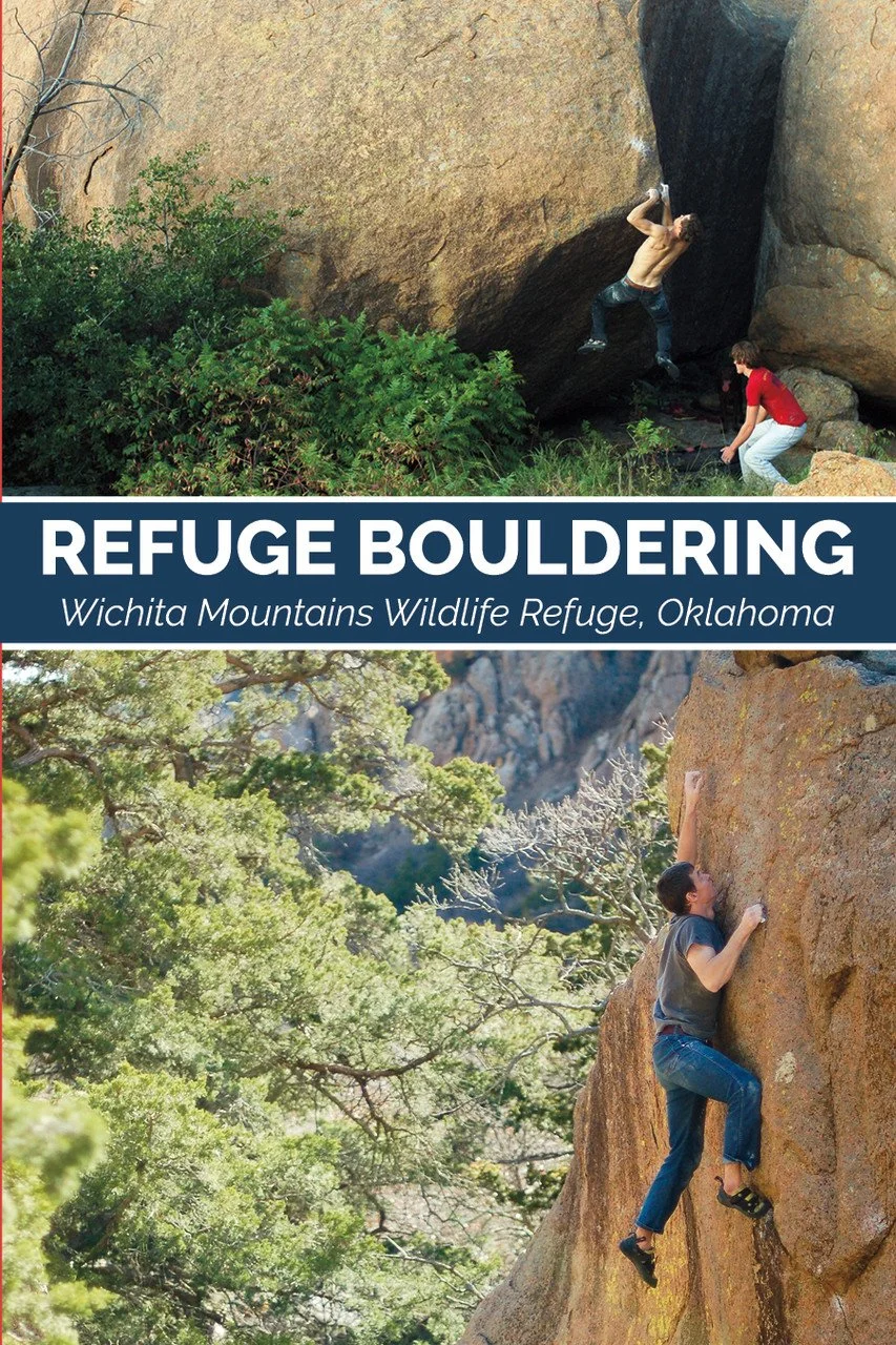 Two people are bouldering outdoors on large rock formations surrounded by trees. One person is climbing a vertical rock face, while the other is preparing on the ground.