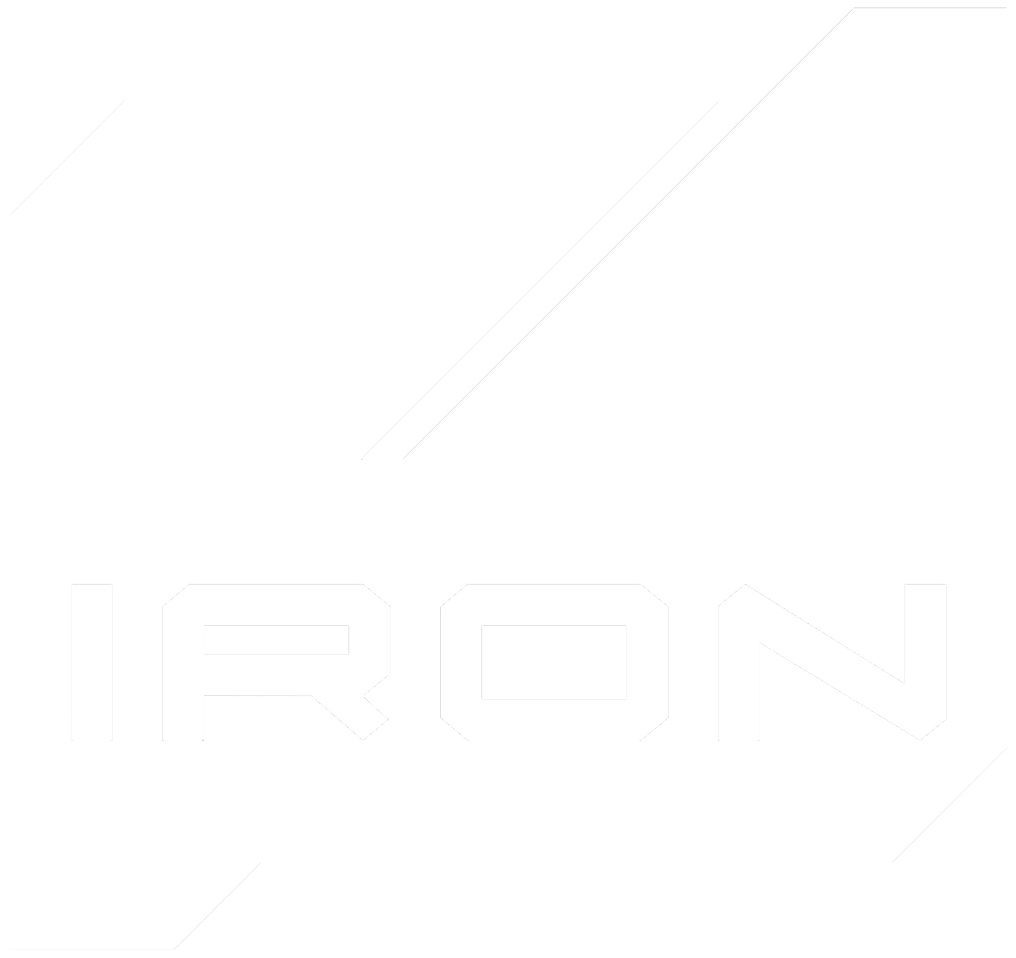 Logo with a stylized outline of a tool or implement above the word 'IRON' in bold, black letters on a white background.