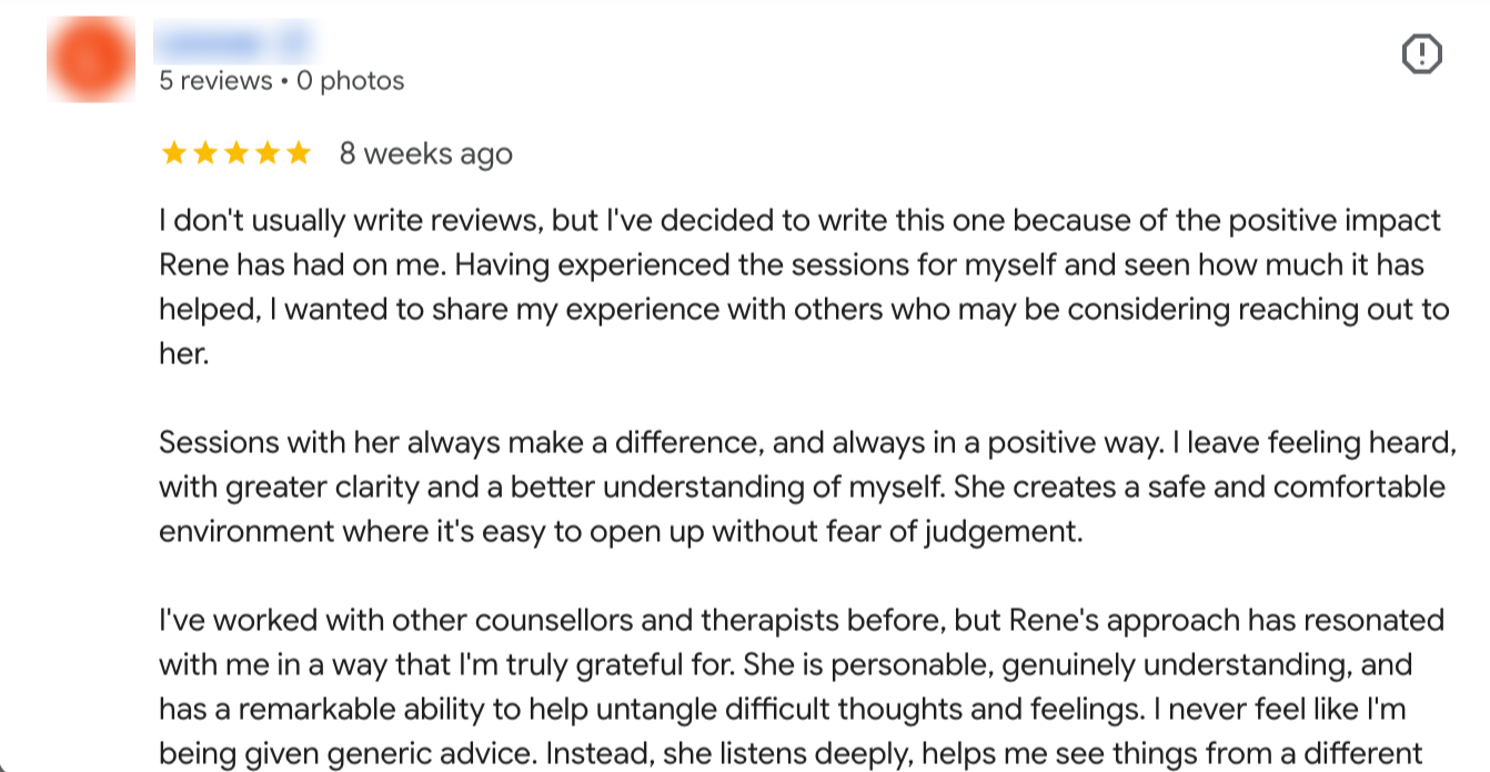 Five-star Google review for Rene Tan, counsellor at Somatic Attachment Therapy Singapore, describing feeling heard and gaining clarity in sessions.