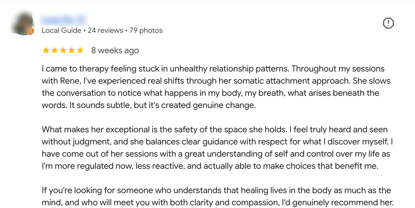 Five-star Google review for Rene Tan, counsellor at Somatic Attachment Therapy Singapore, describing change through a somatic attachment approach.