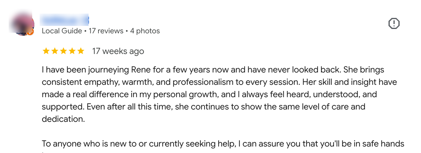 Five-star Google review for Rene Tan, counsellor at Somatic Attachment Therapy Singapore, describing consistent care over several years of work together.