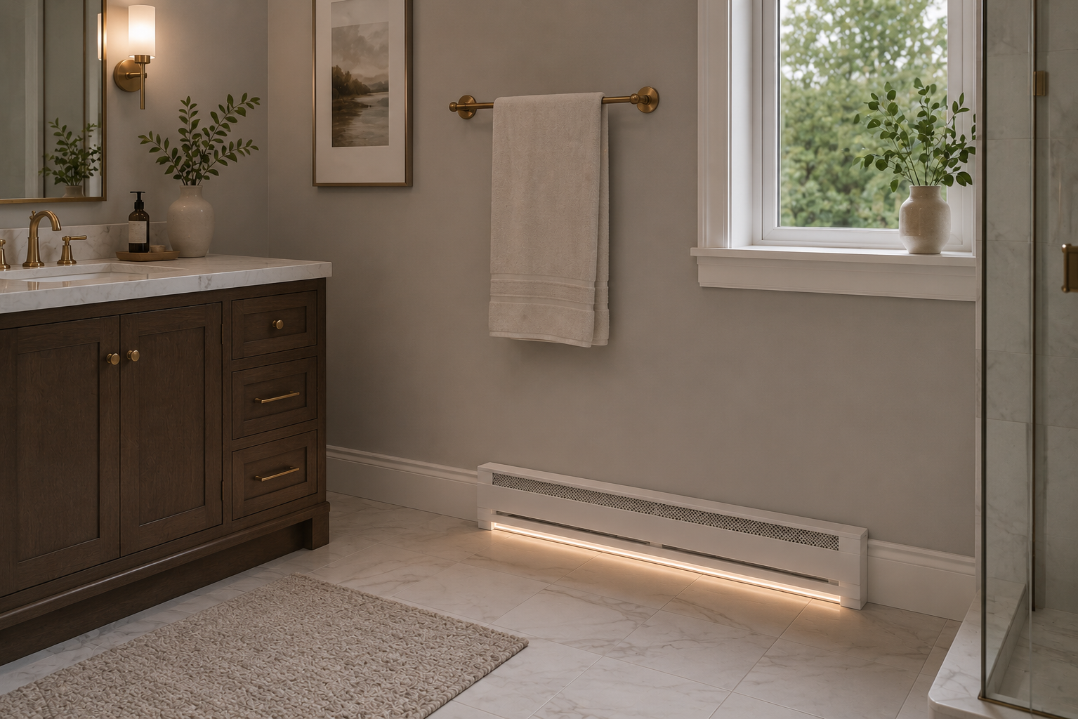 A bathroom with a wooden vanity with brass fixtures, a marble countertop, a mirror, a wall-mounted light, framed artwork, a beige towel on a brass towel bar, a window with green trees outside, decorative vases with greenery, a radiator with LED lighting, and tiled floor.
