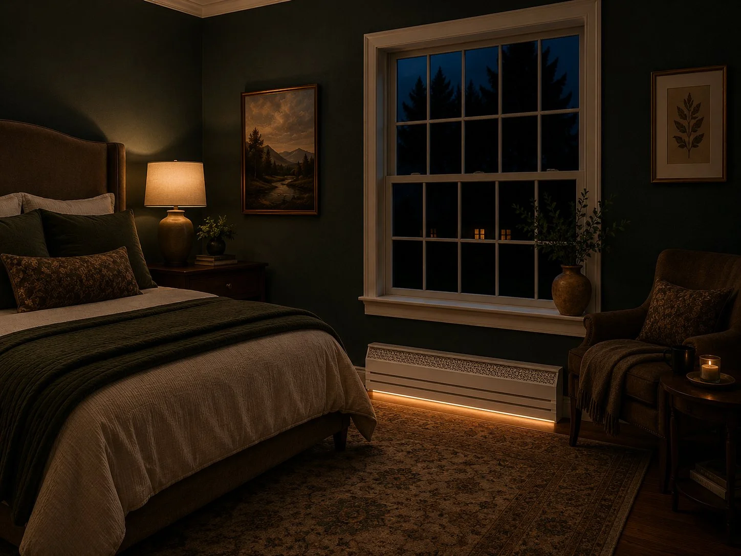 Cozy bedroom with dark green walls illuminated by a table lamp, decorated with framed landscape paintings, a large window revealing night sky, and a comfortable armchair with a side table holding a candle.