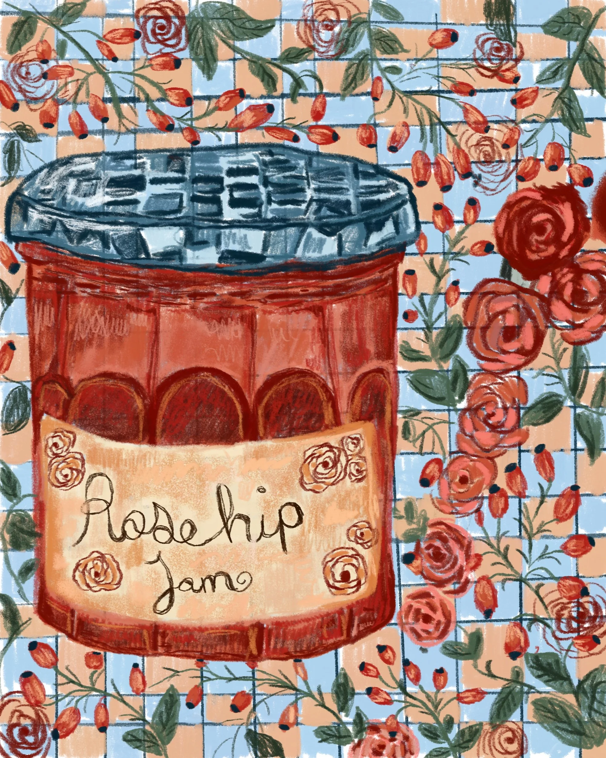 Drawing of a jar of raspberry jam with a blue lid, set against a checkered background with red roses and green leaves.