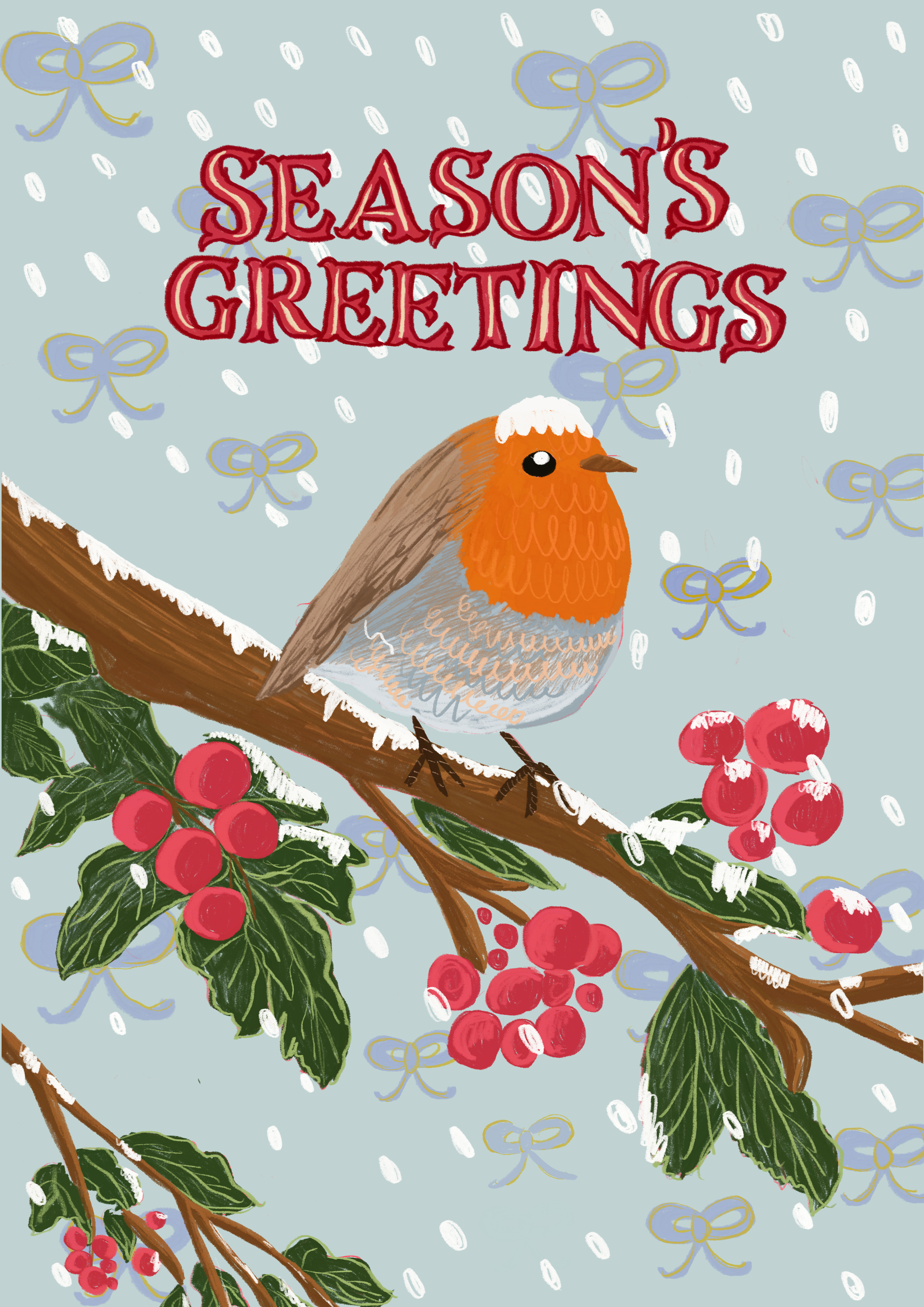 A robin with snow on it's head and 'season's greetings' above it. 