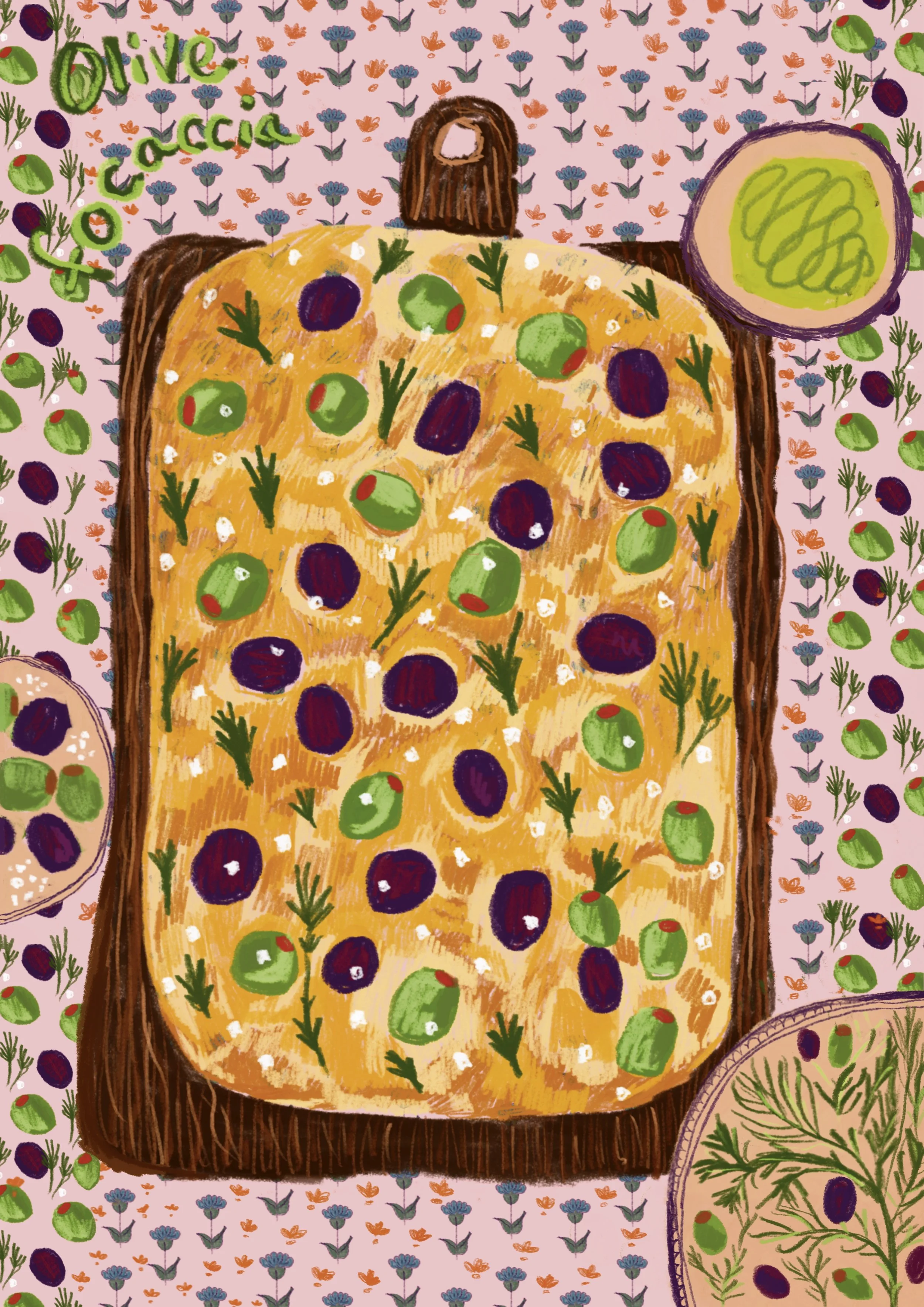 Illustration of an olive focaccia on a wooden board, topped with green and black olives and herbs, with additional olive dishes and herbs around it on a floral tablecloth.