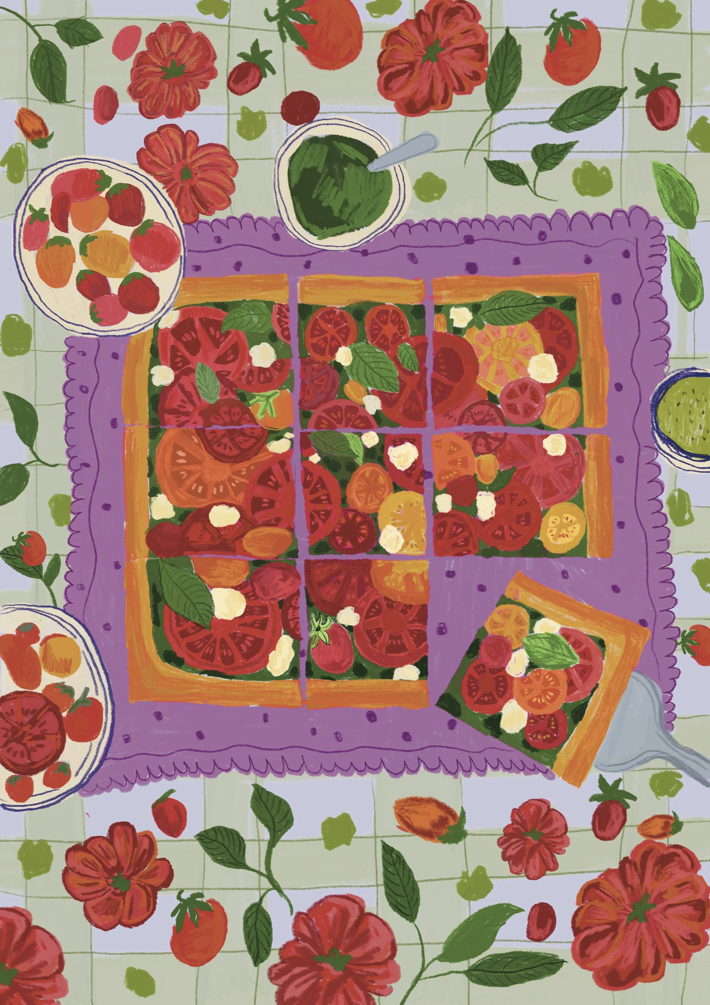 A colorful illustration of a tomato salad with fresh herbs on a purple cloth, surrounded by strawberries, peaches, and other fruits on a checkered tablecloth.