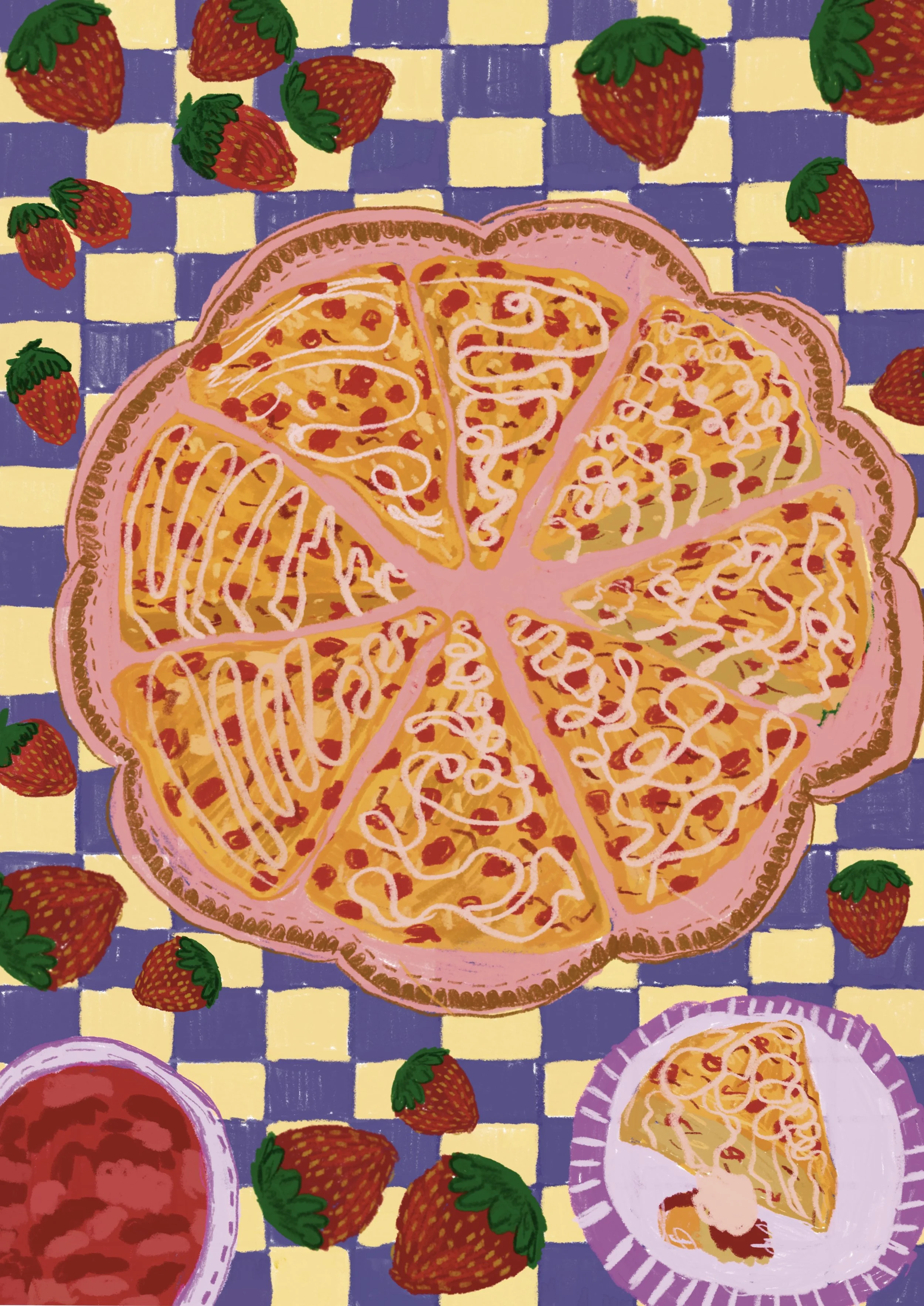 A large sliced strawberry pizza on a checkered tablecloth with whole strawberries and a small plate with a slice of pizza and a drink nearby.