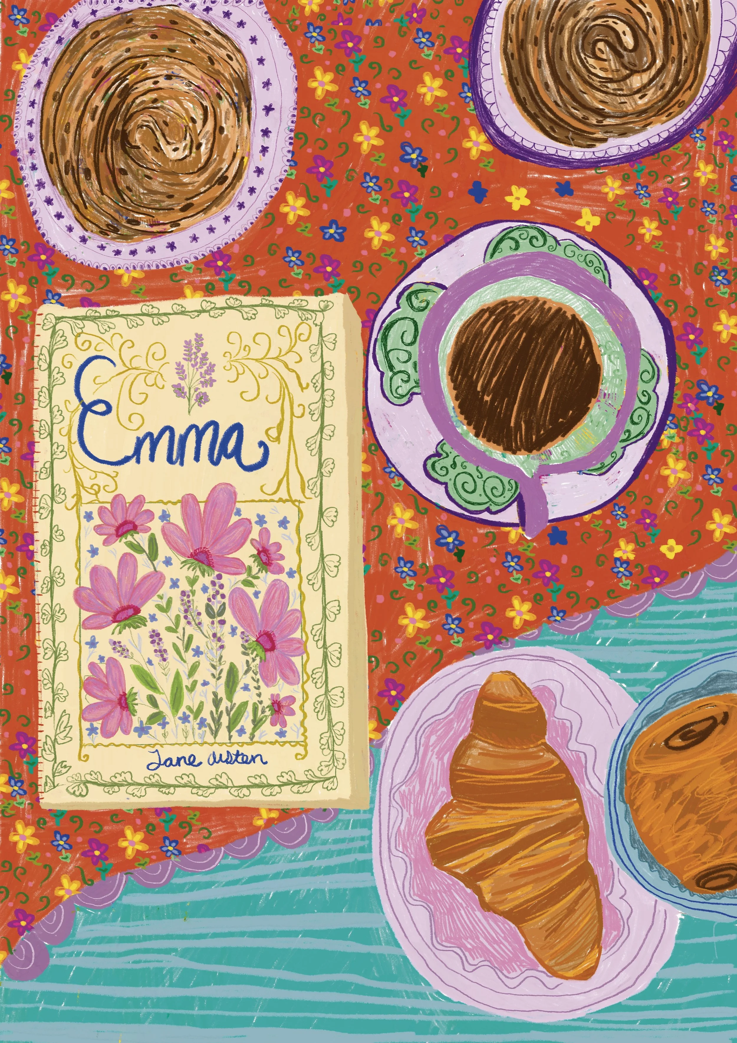 Colorful illustration of a table with a red floral tablecloth and teal placemat. On the table, there is a book titled 'Emma' by Jane Austen with a floral cover, a cup of coffee on a purple and green saucer, a croissant on a pink plate, and a cinnamon