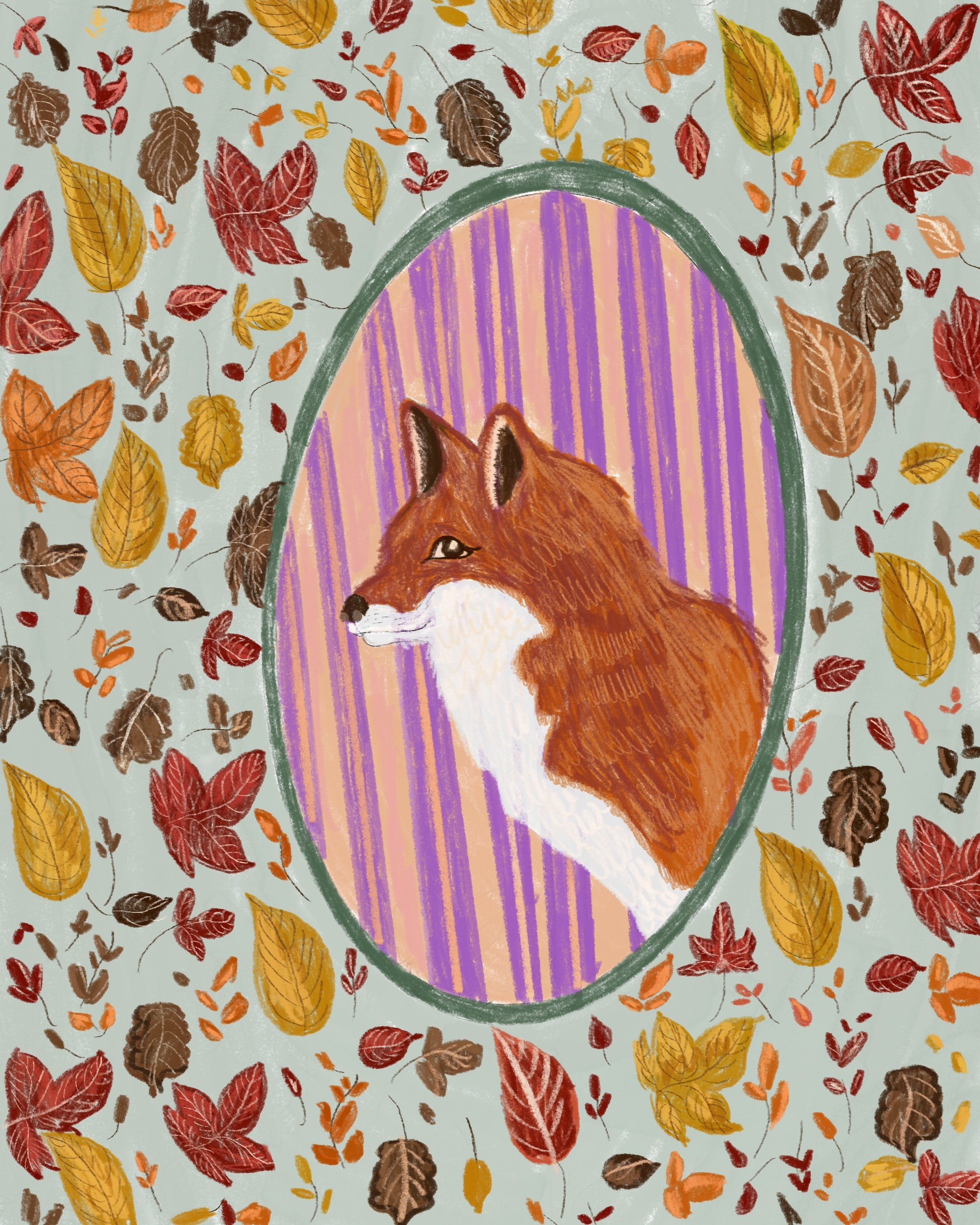 An illustrated fox with orange and white fur is framed within an oval shape, surrounded by a background of colorful autumn leaves in red, yellow, brown, and orange, scattered on a light green backdrop.