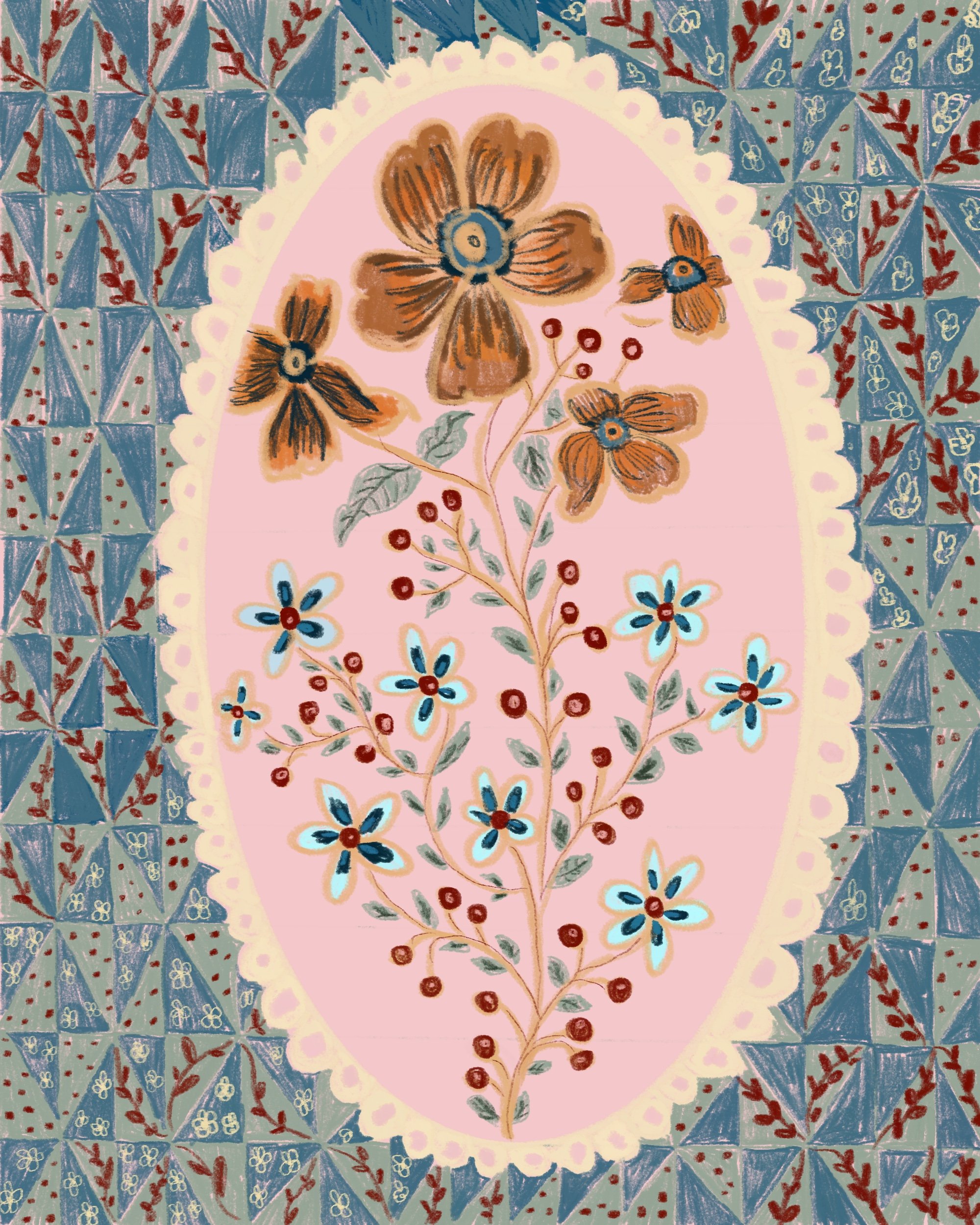 Colorful floral illustration with blue and red flowers, orange butterflies, and a pink background, bordered by geometric blue patterns with red accents.