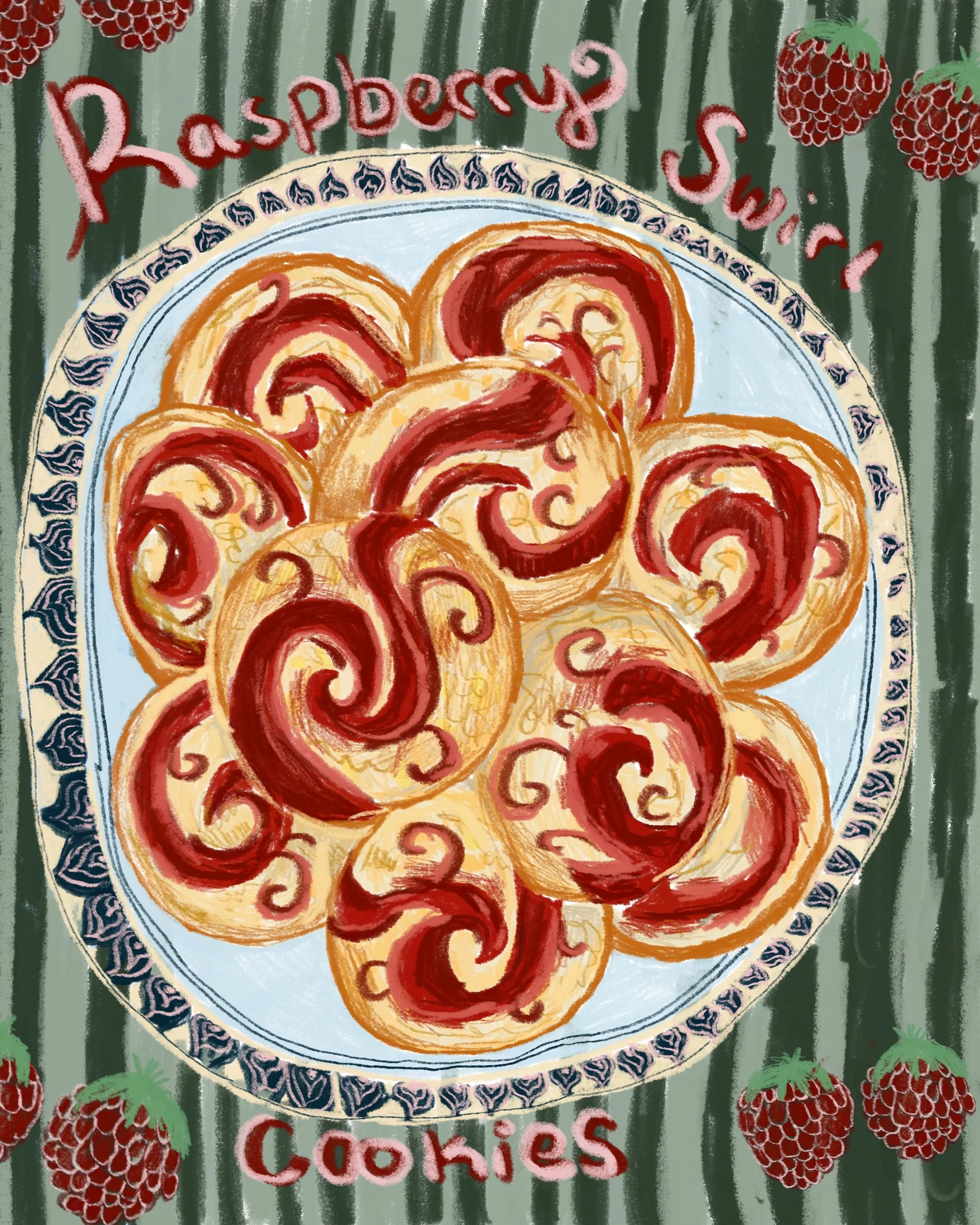 A colorful illustration of a plate of raspberry swirl cookies with red and yellow swirls on a decorative blue and white plate. The background has a green and black striped pattern with small raspberry illustrations and the words "Raspberry Swirl Cook