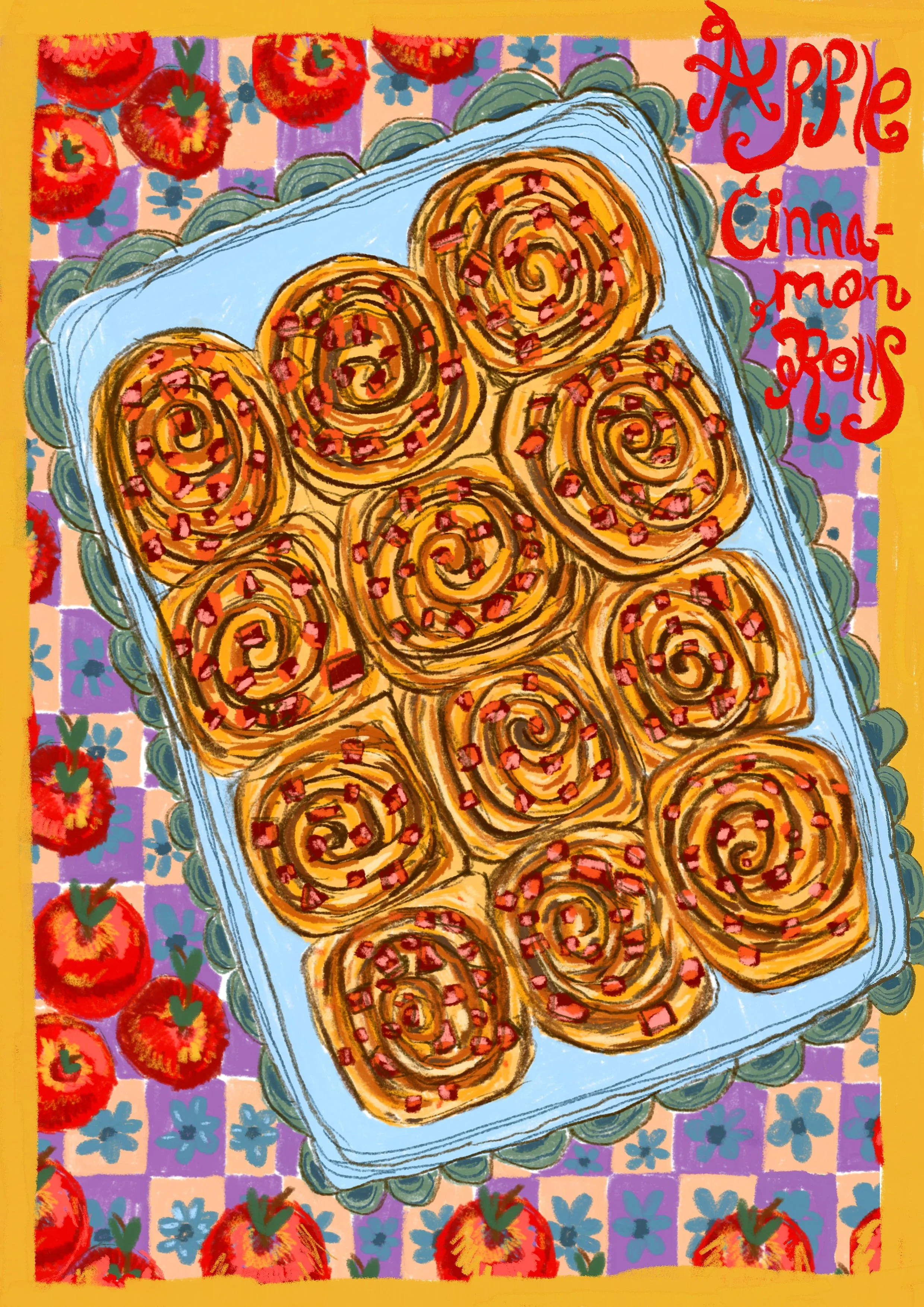 A colorful illustration of a tray of cinnamon rolls topped with icing and sprinkles on a decorative tablecloth with strawberries and the words 'Happy Cinnamon Roll Day' written in red.