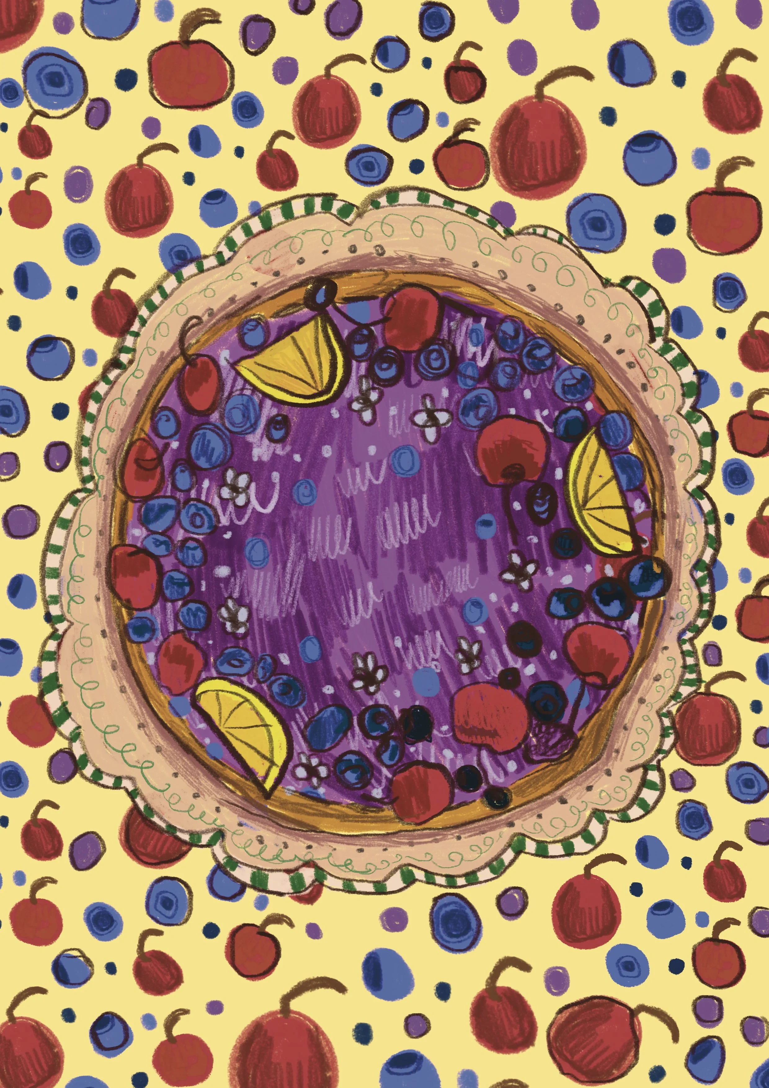 Colorful illustration of a cherry and blueberry pie with lemon wedges, surrounded by a pattern of cherries, blueberries, and purple dots on a yellow background.
