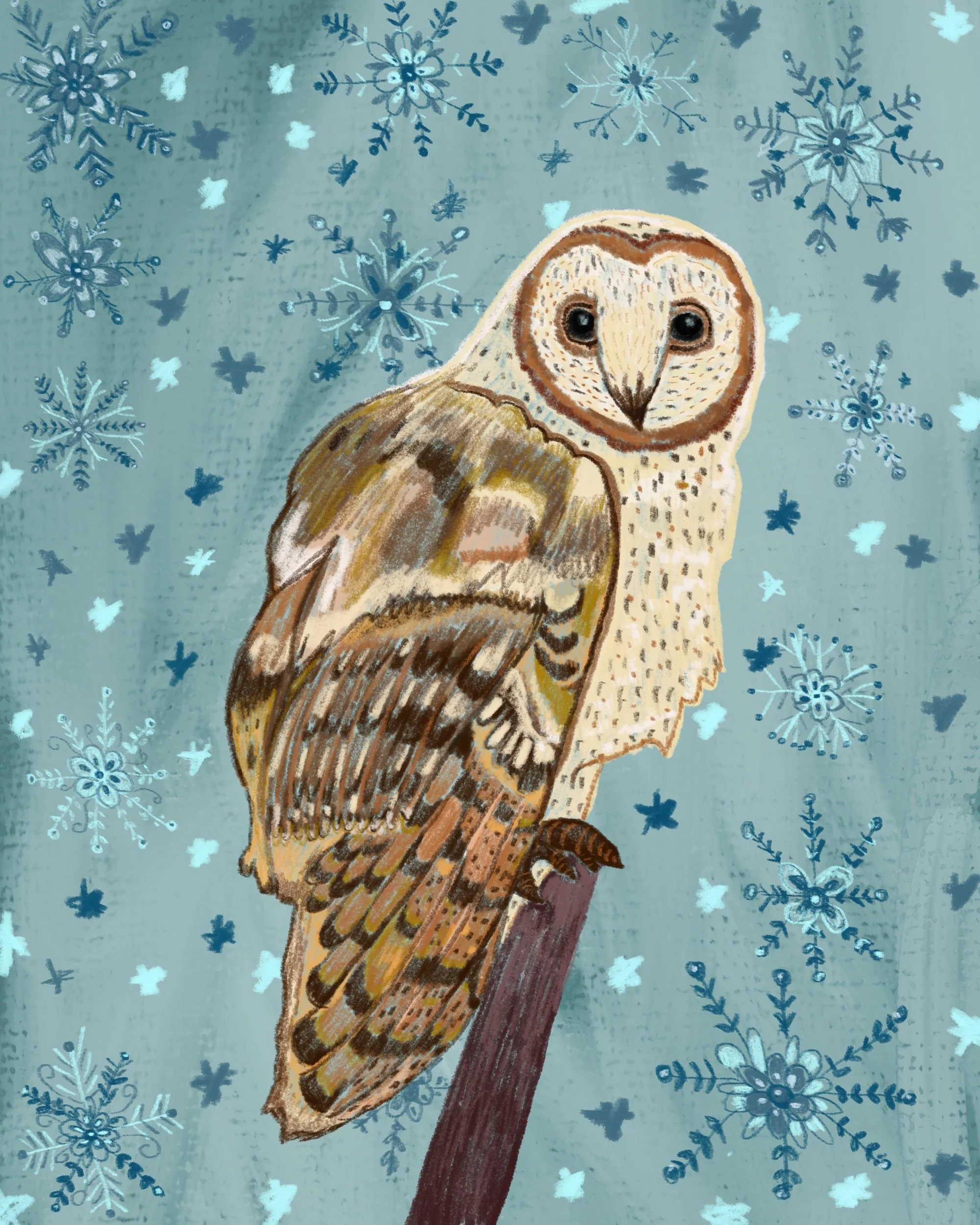 Digital illustration of an owl perched on a branch against a snowy, blue background with snowflakes and flying birds.