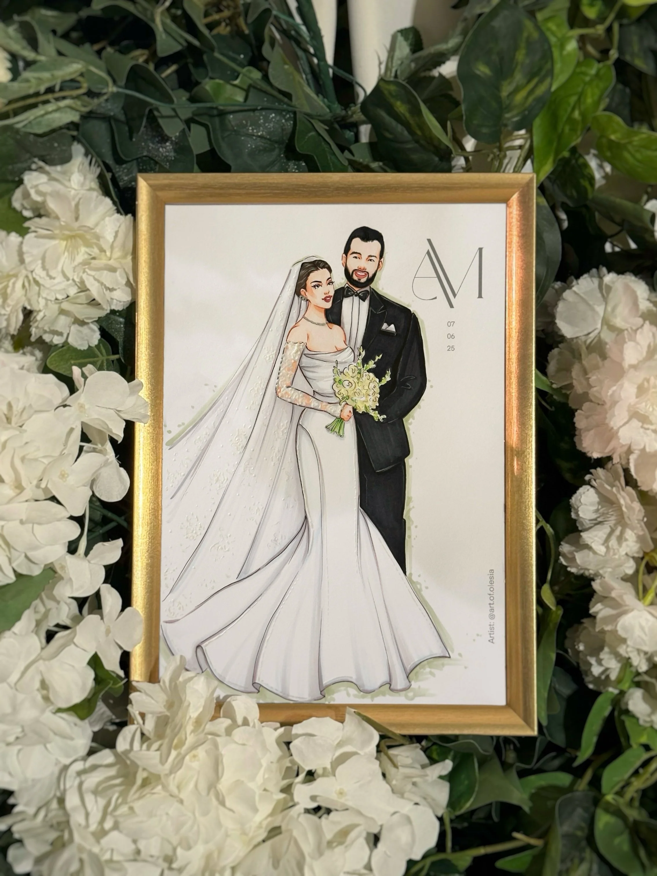 A framed fashion wedding portrait of a french bride and groom, created live during wedding