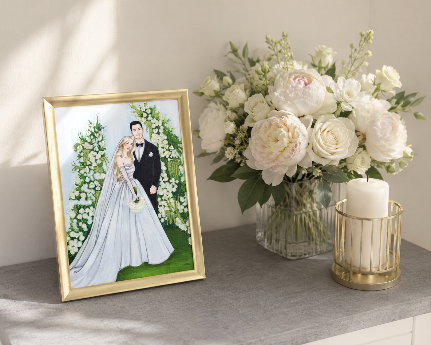 A framed fashion illustration of a bride and groom