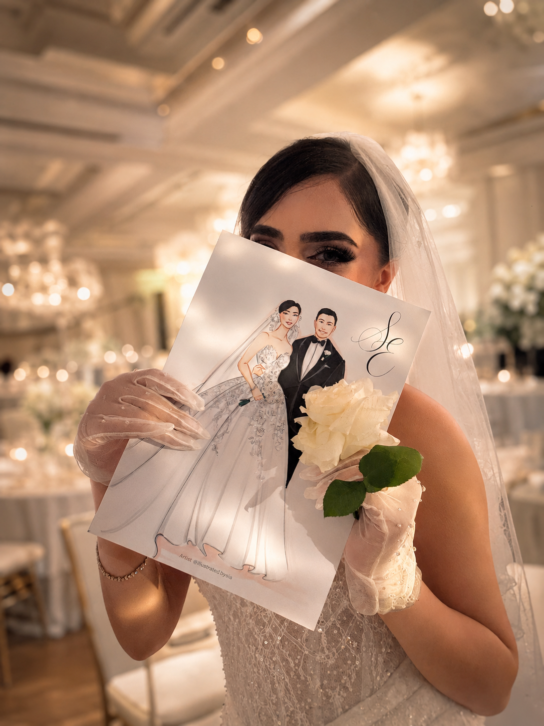 A bride holding a wedding illustration and a white flower at an elegant reception hall.