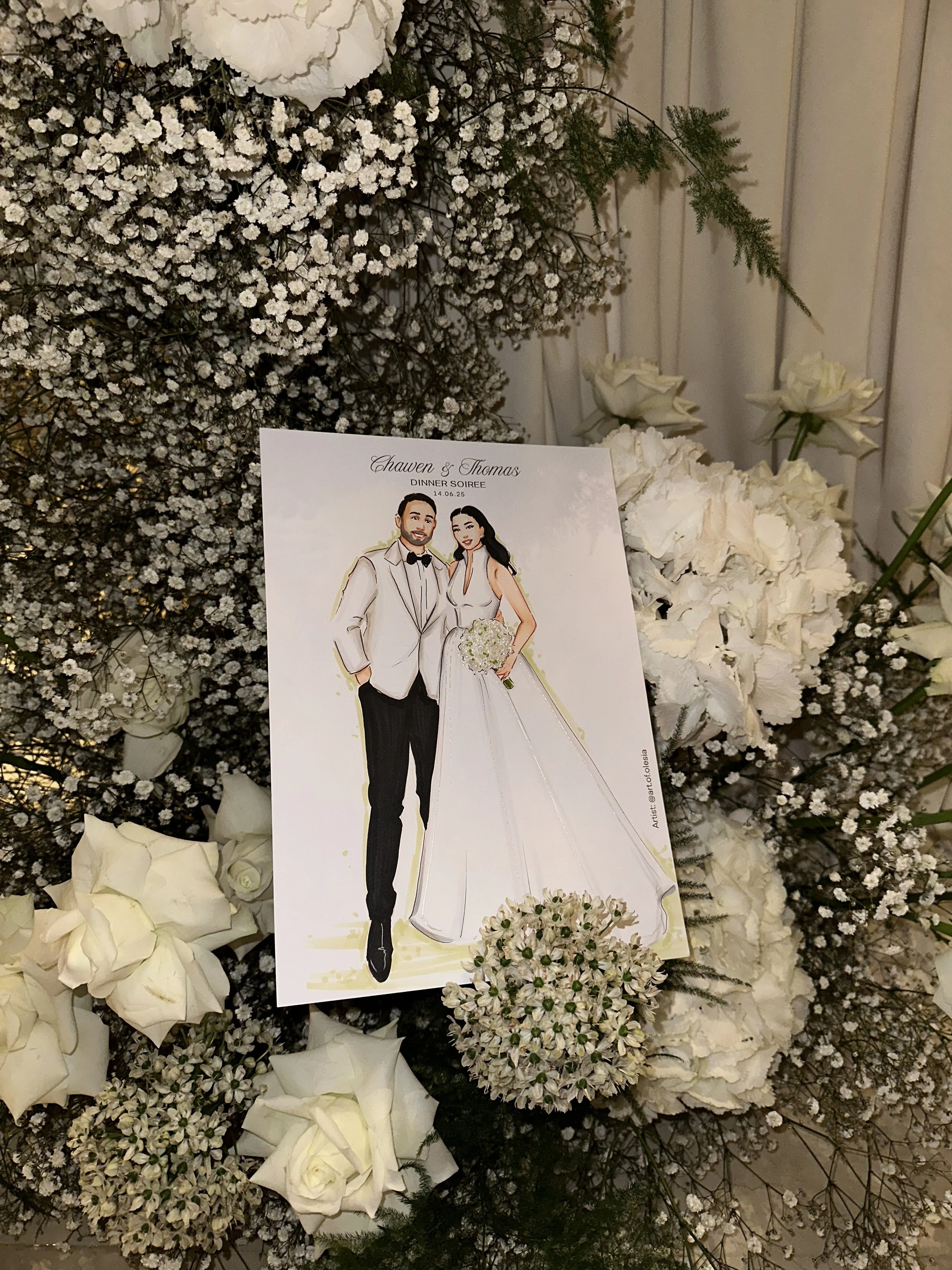 Fashion illustration of a bride and groom, wedding date, and names of the couple for a European wedding or special event.