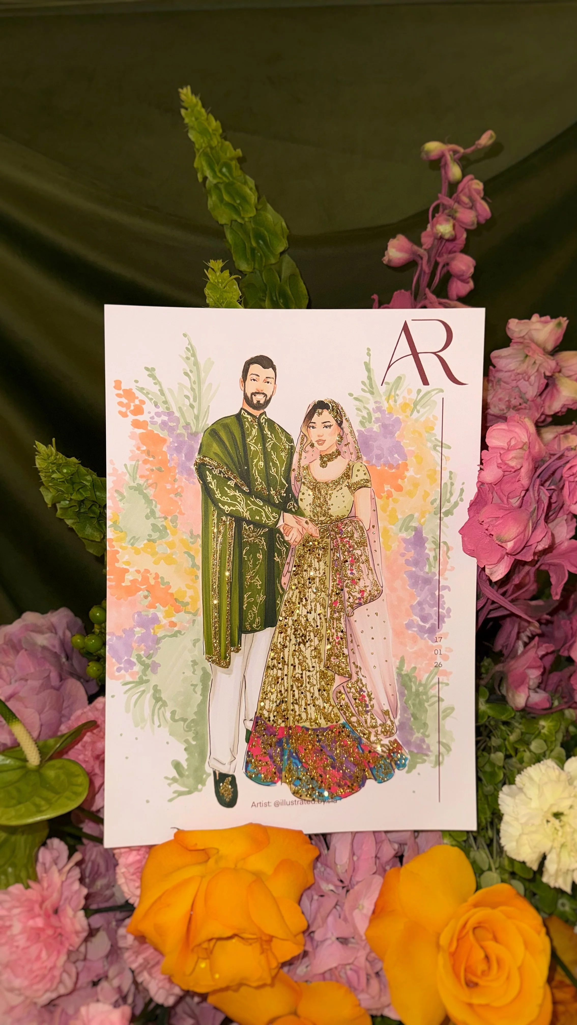A fashion wedding illustration of the bride an groom 