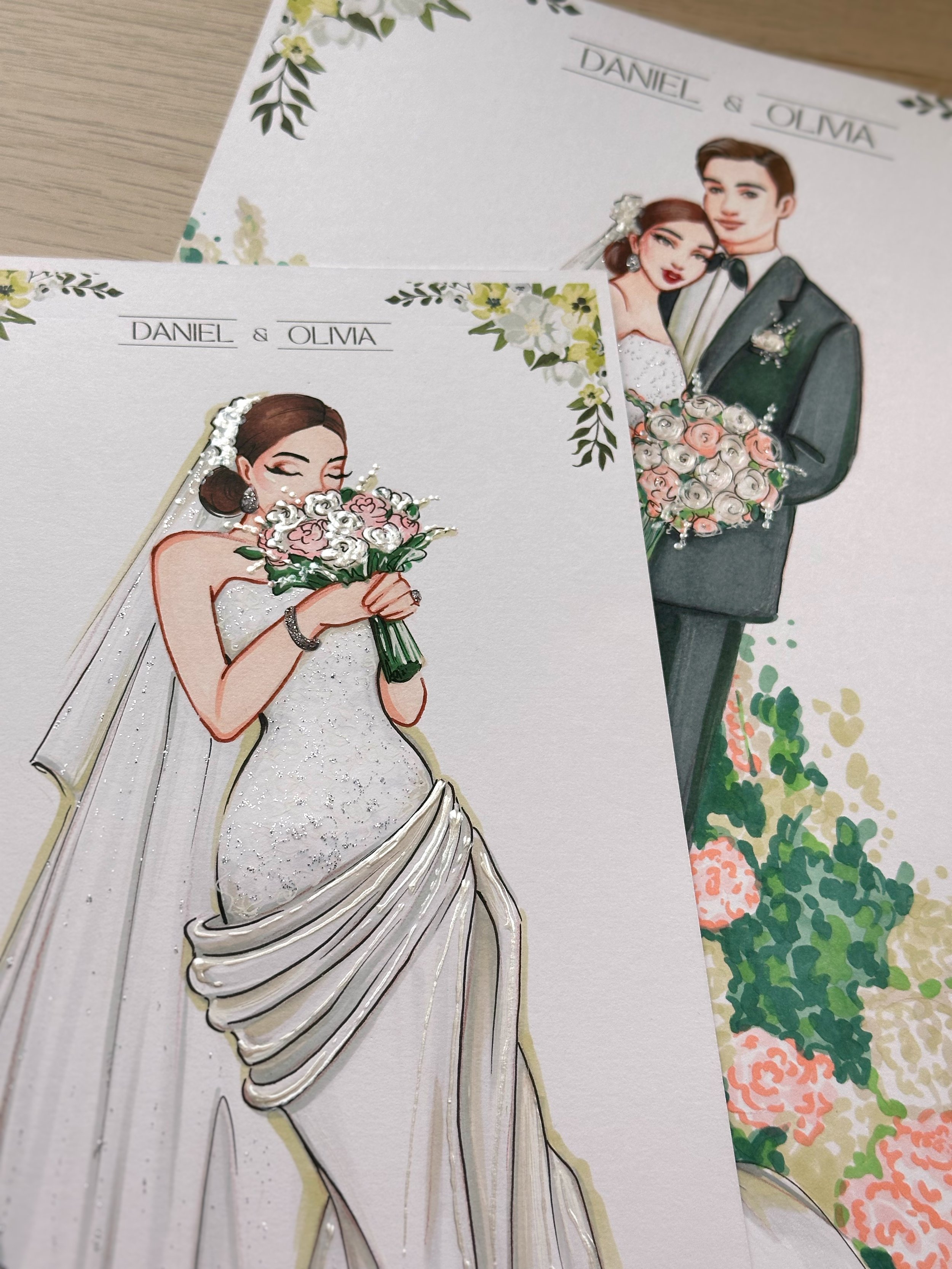 Wedding invitation featuring a bride and groom illustration