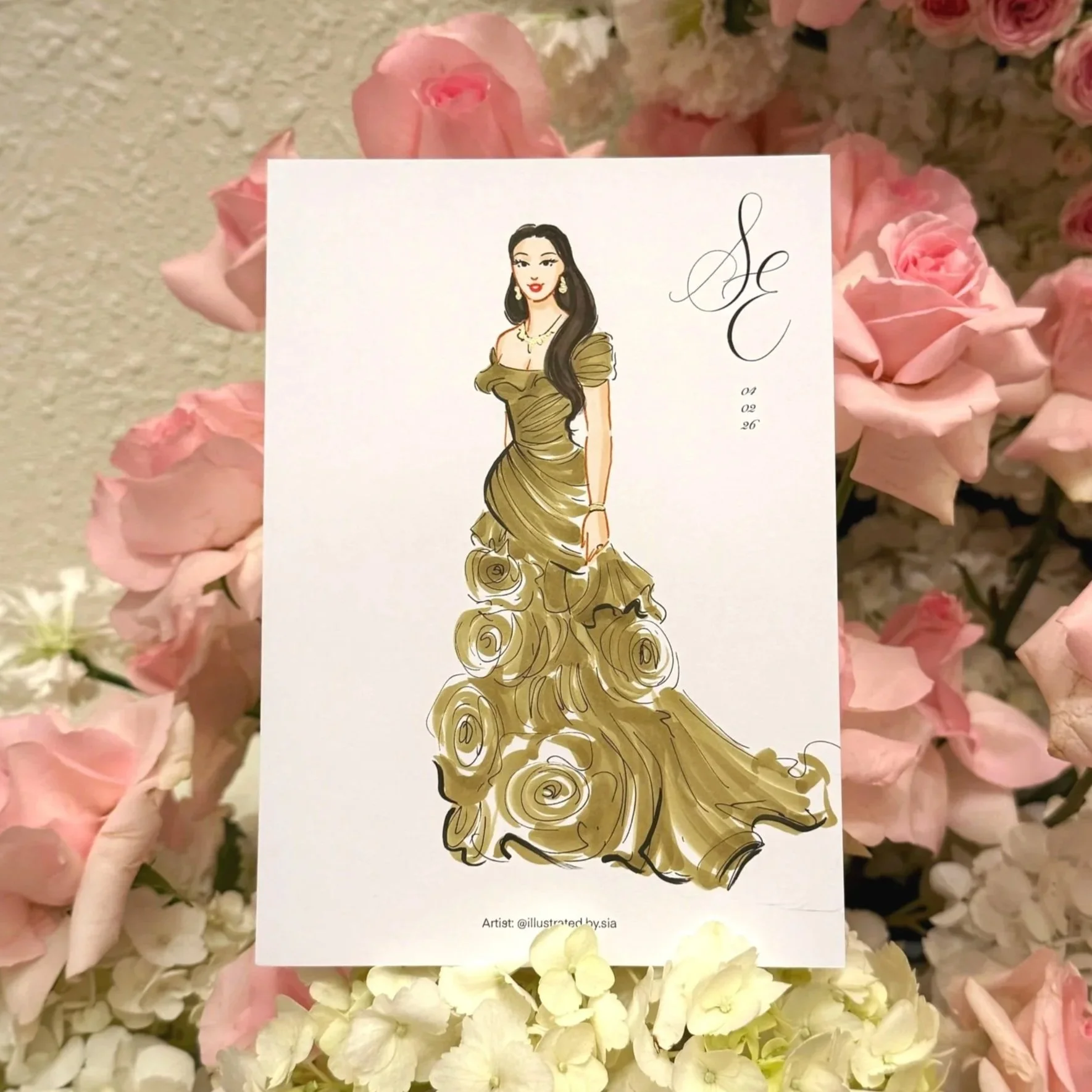 Fashion portrait sketch created during wedding or event in evening dress