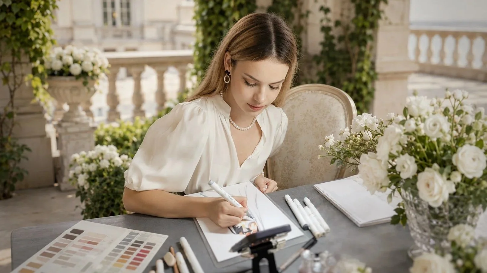 Live fashion illustration created during luxury wedding reception
