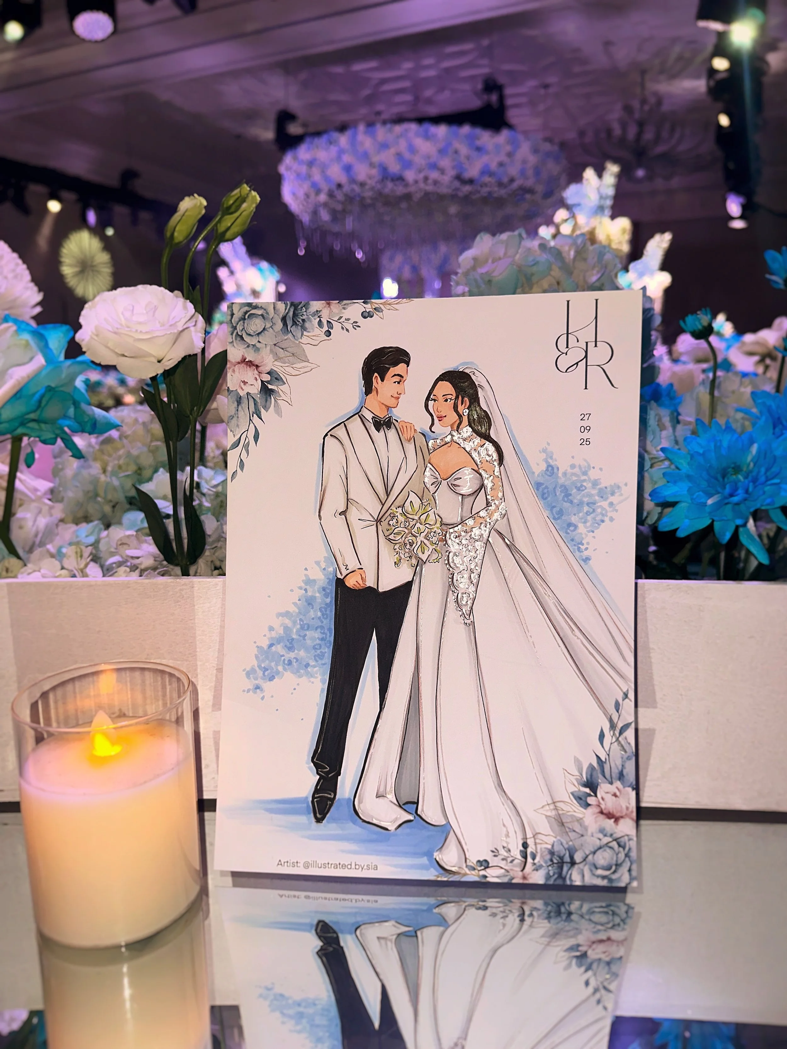 A wedding illustration of a bride and groom