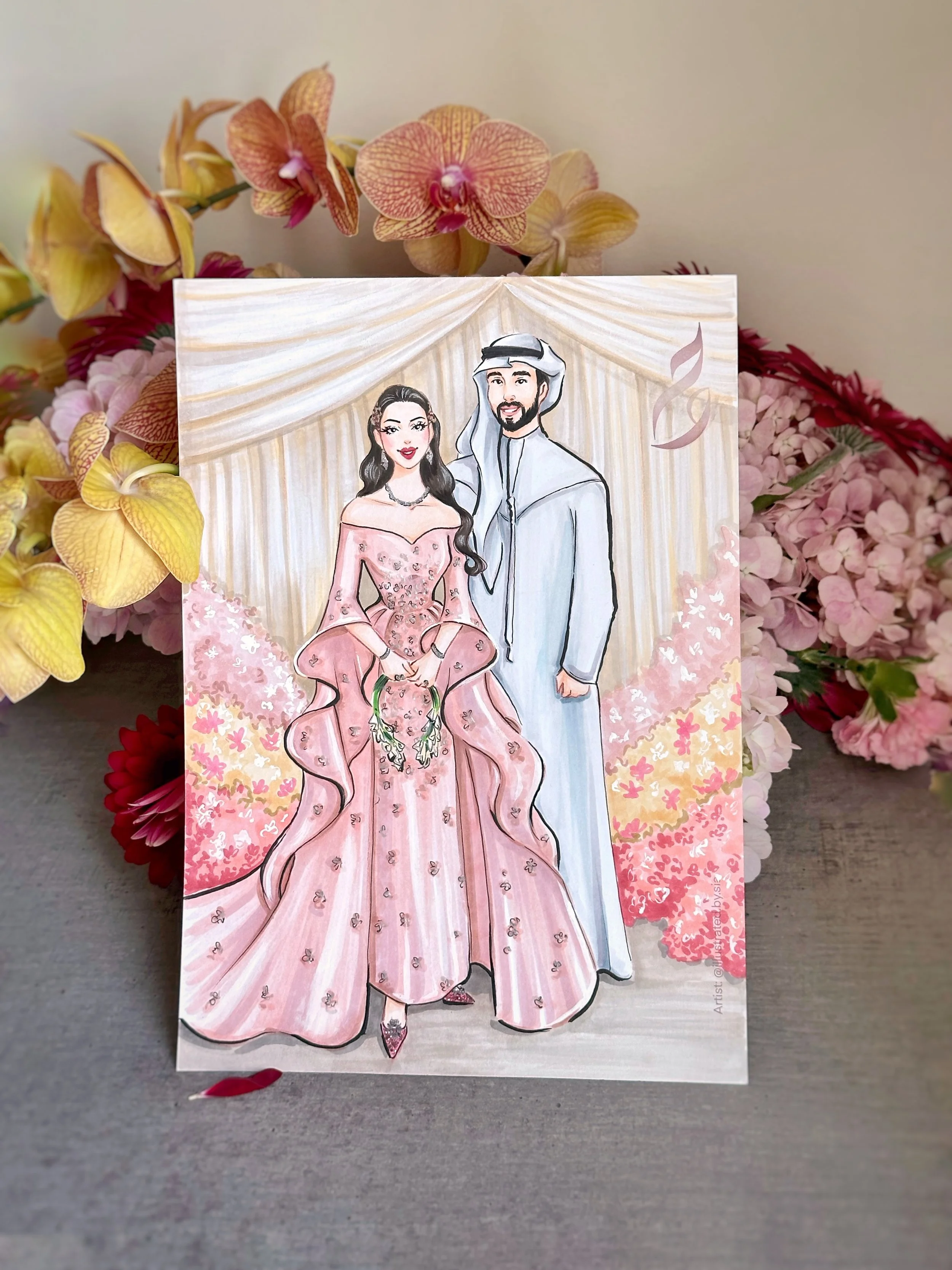 A wedding illustration of the Arabic bride and groom 