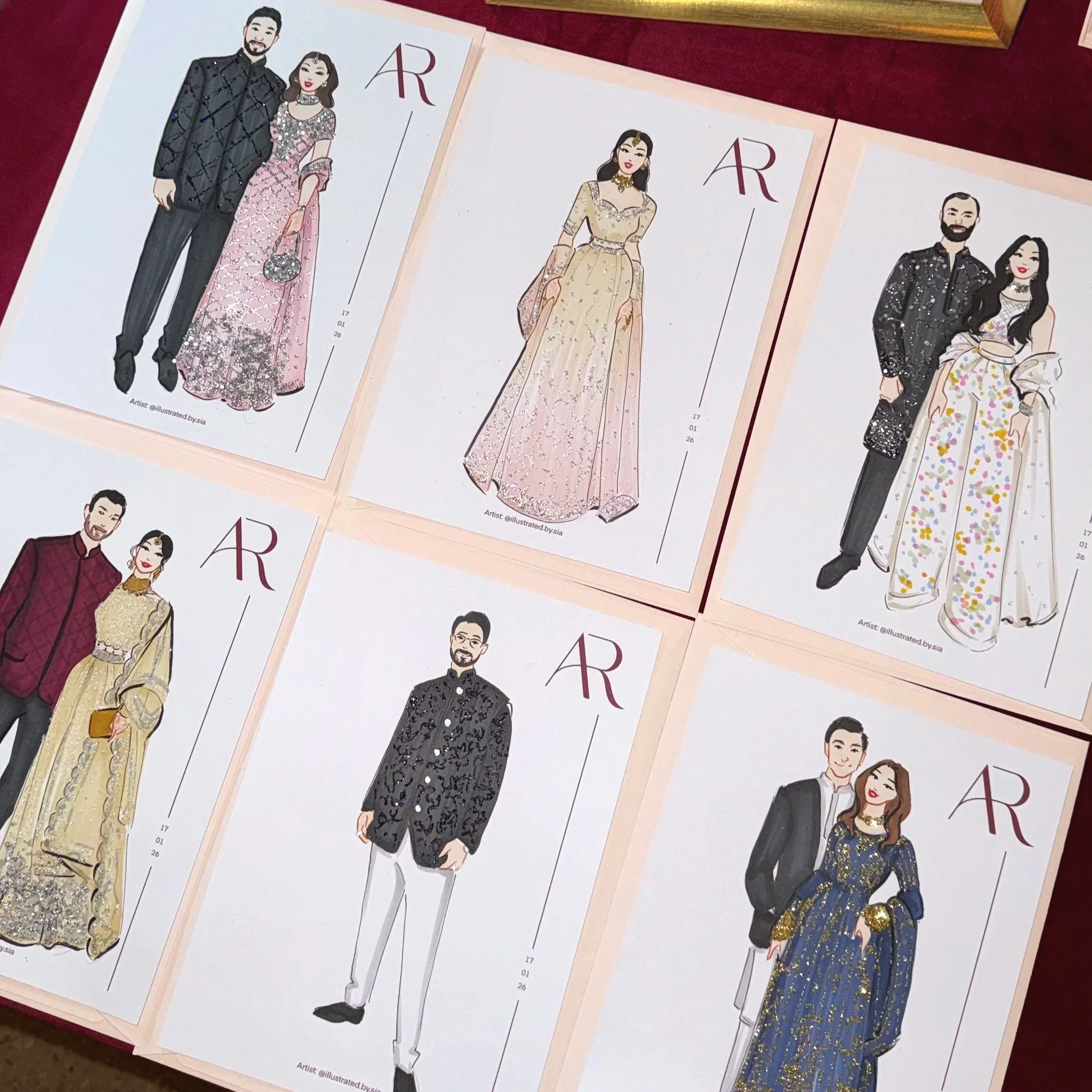 Collection of illustrated fashion sketches created during wedding or event