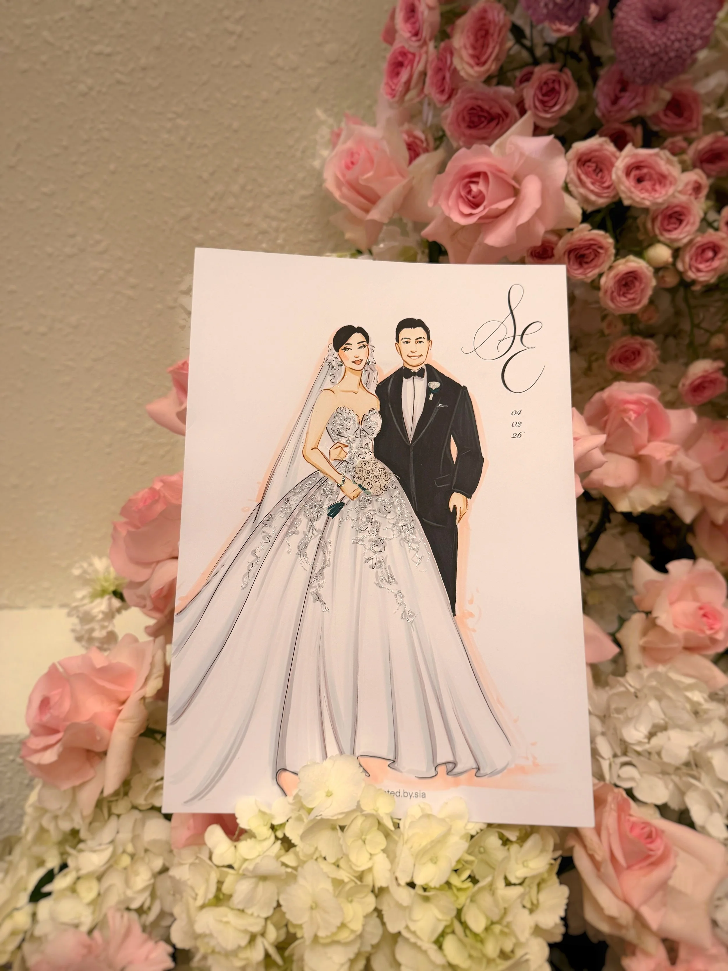 Illustration of a bride and groom in wedding attire, holding hands, surrounded by pink and white flowers
