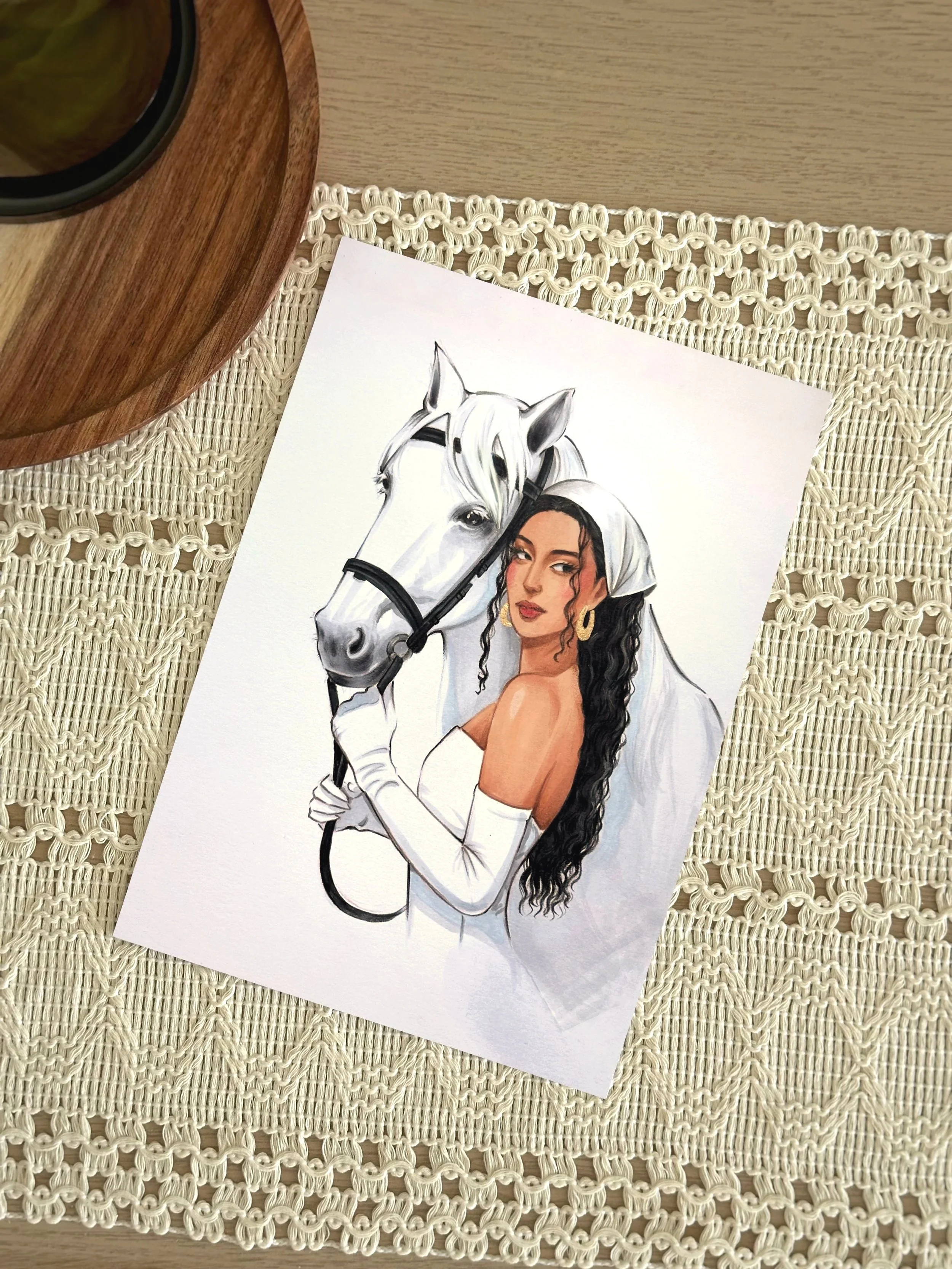 Illustration of a woman with long black hair holding a white horse that has a white mane, set against a white background.