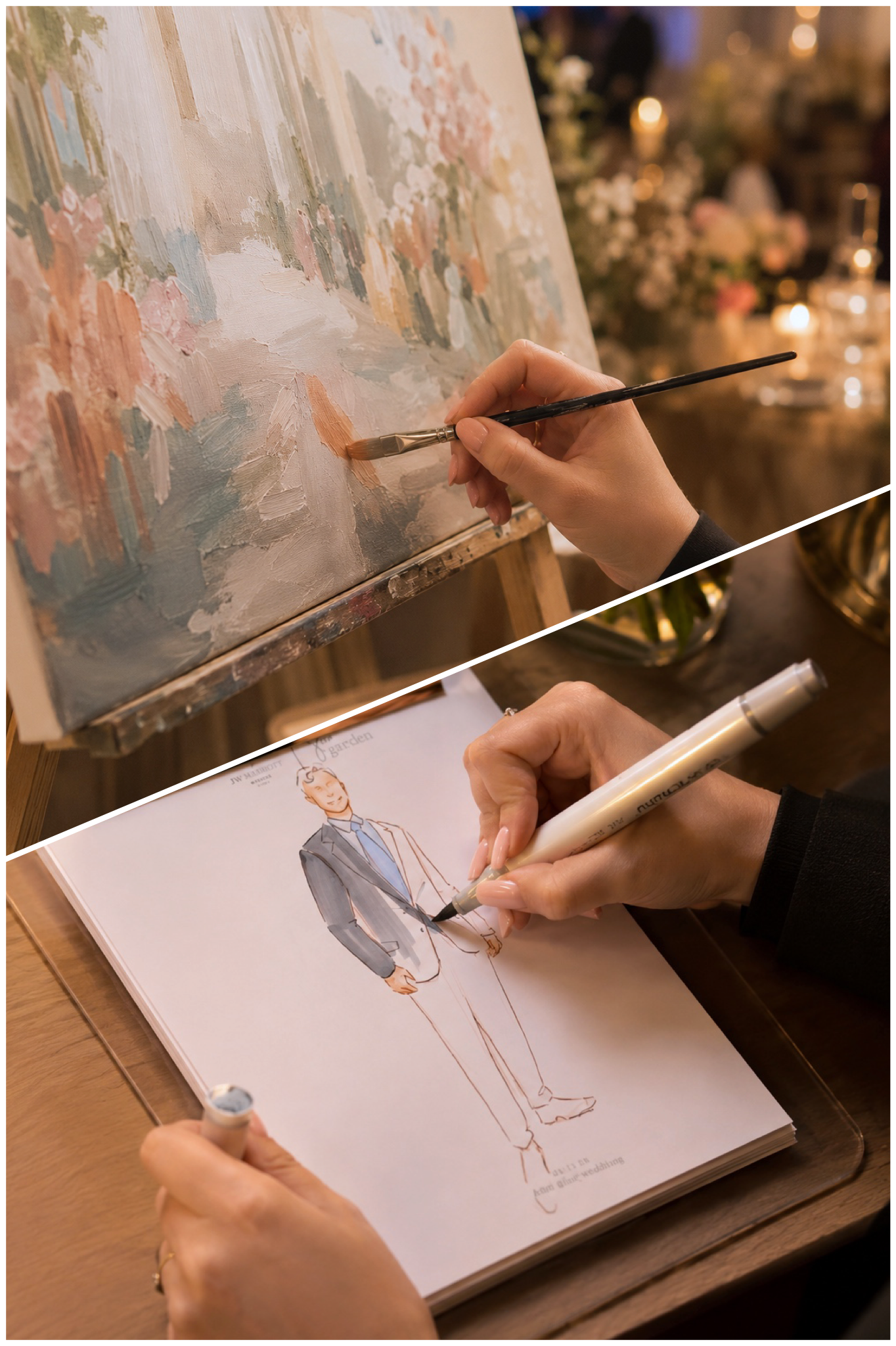 A person is sketching and coloring a fashion illustration of a man in a suit on a sketchbook with a pen and a marker. The sketchbook is on a wooden desk, with an oil painting of a path with trees in the background.
