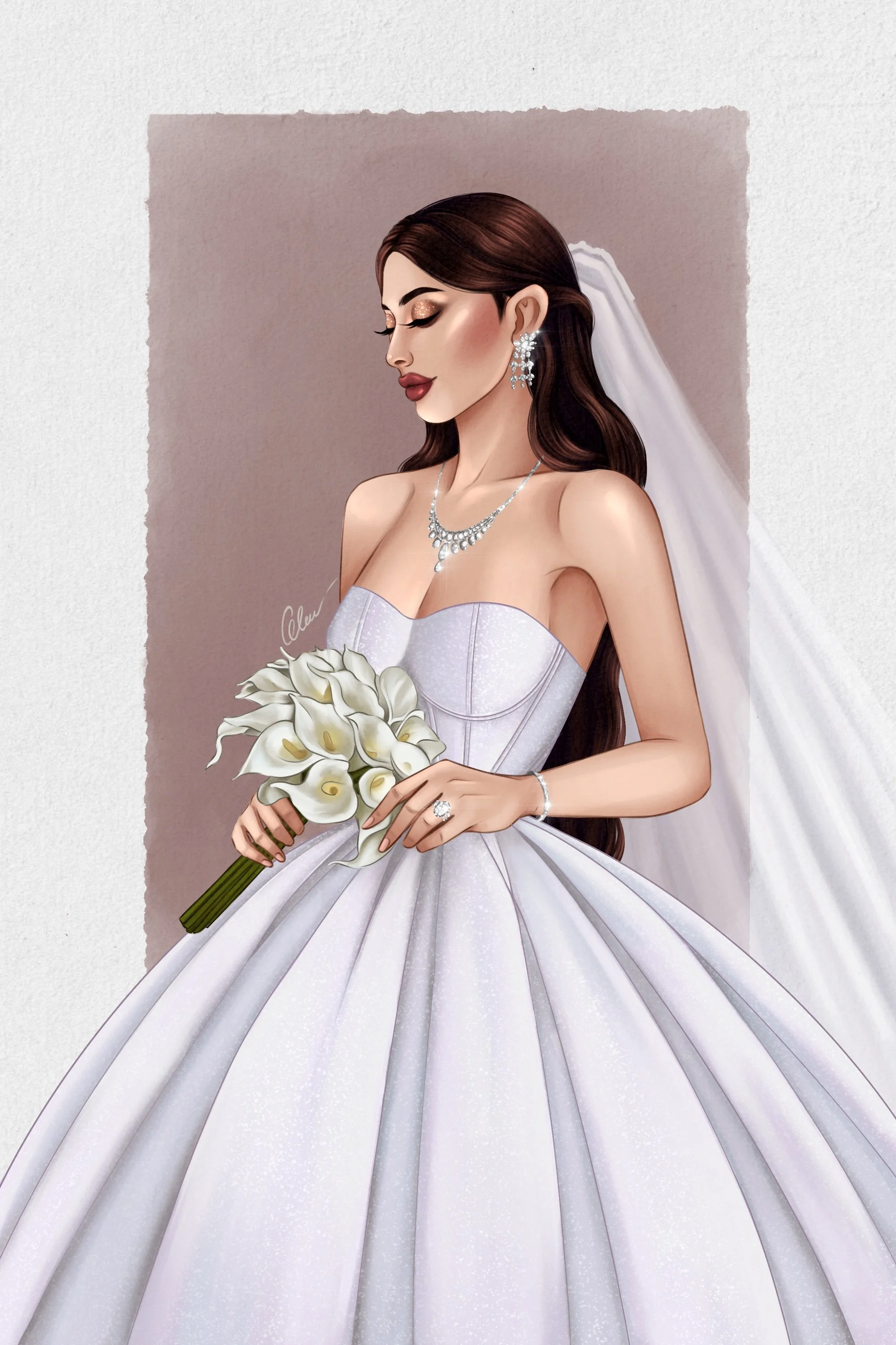 Digital illustration of a bride with long brown hair, wearing a white strapless wedding gown, with sparkling jewelry, a veil, and holding a bouquet of white calla lilies, standing against a light brown background.