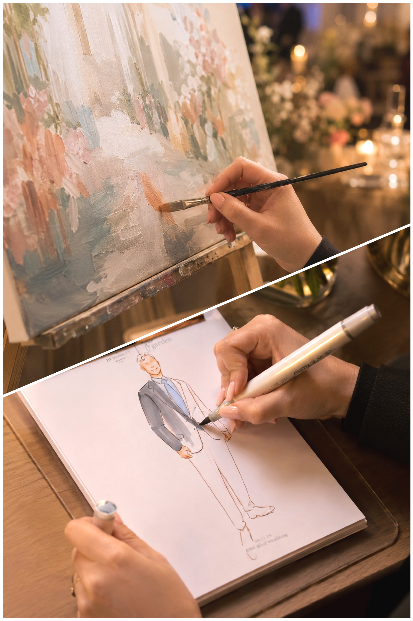 A person is creating a fashion illustration of a man in a suit and tie. The artist uses watercolor paints and a fine brush on a sketchbook, capturing the outfit's details and colors. The background features a softly blurred, warmly lit environment with floral arrangements and candles.
