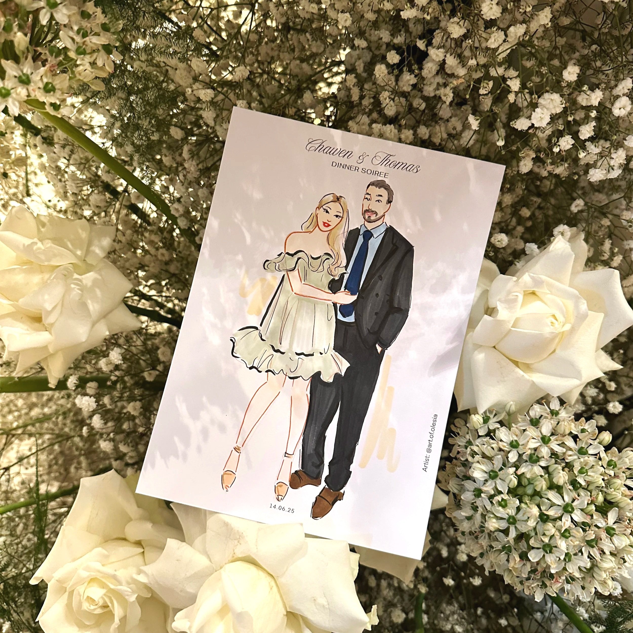 Couple fashion portrait sketch created during wedding or event